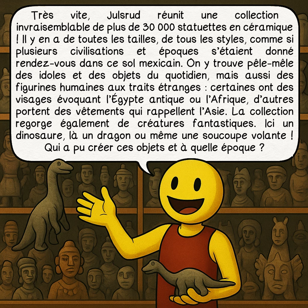 Les figurines d’Acámbaro, case 3 : Une collection hors du commun
Très vite, Julsrud réunit une collection invraisemblable de plus de 30 000 statuettes en céramique ! Il y en a de toutes les tailles, de tous les styles, comme si plusieurs civilisations et époques s’étaient donné rendez-vous dans ce sol mexicain. On y trouve pêle-mêle des idoles et des objets du quotidien, mais aussi des figurines humaines aux traits étranges : certaines ont des visages évoquant l’Égypte antique ou l’Afrique, d’autres portent des vêtements qui rappellent l’Asie. La collection regorge également de créatures fantastiques. Ici un dinosaure, là un dragon ou même une soucoupe volante ! Qui a pu créer ces objets et à quelle époque ?