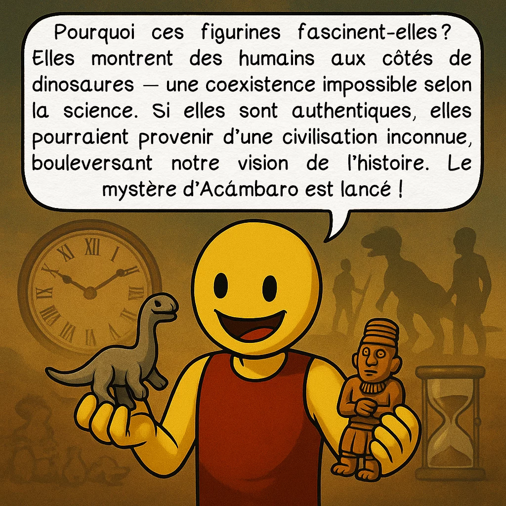 Les figurines d’Acámbaro, case 4 : Un anachronisme troublant
Pourquoi ces figurines fascinent-elles ? Elles montrent des humains aux côtés de dinosaures — une coexistence impossible selon la science. Si elles sont authentiques, elles pourraient provenir d’une civilisation inconnue, bouleversant notre vision de l’histoire. Le mystère d’Acámbaro est lancé !