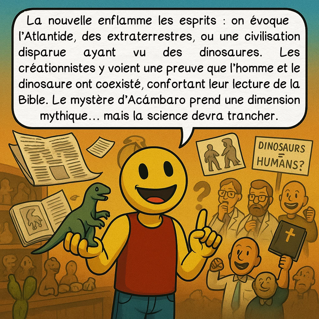 Les figurines d’Acámbaro, case 5 : Panique et théories extravagantes
La nouvelle enflamme les esprits : on évoque l’Atlantide, des extraterrestres, ou une civilisation disparue ayant vu des dinosaures. Les créationnistes y voient une preuve que l’homme et le dinosaure ont coexisté, confortant leur lecture de la Bible. Le mystère d’Acámbaro prend une dimension mythique… mais la science devra trancher.