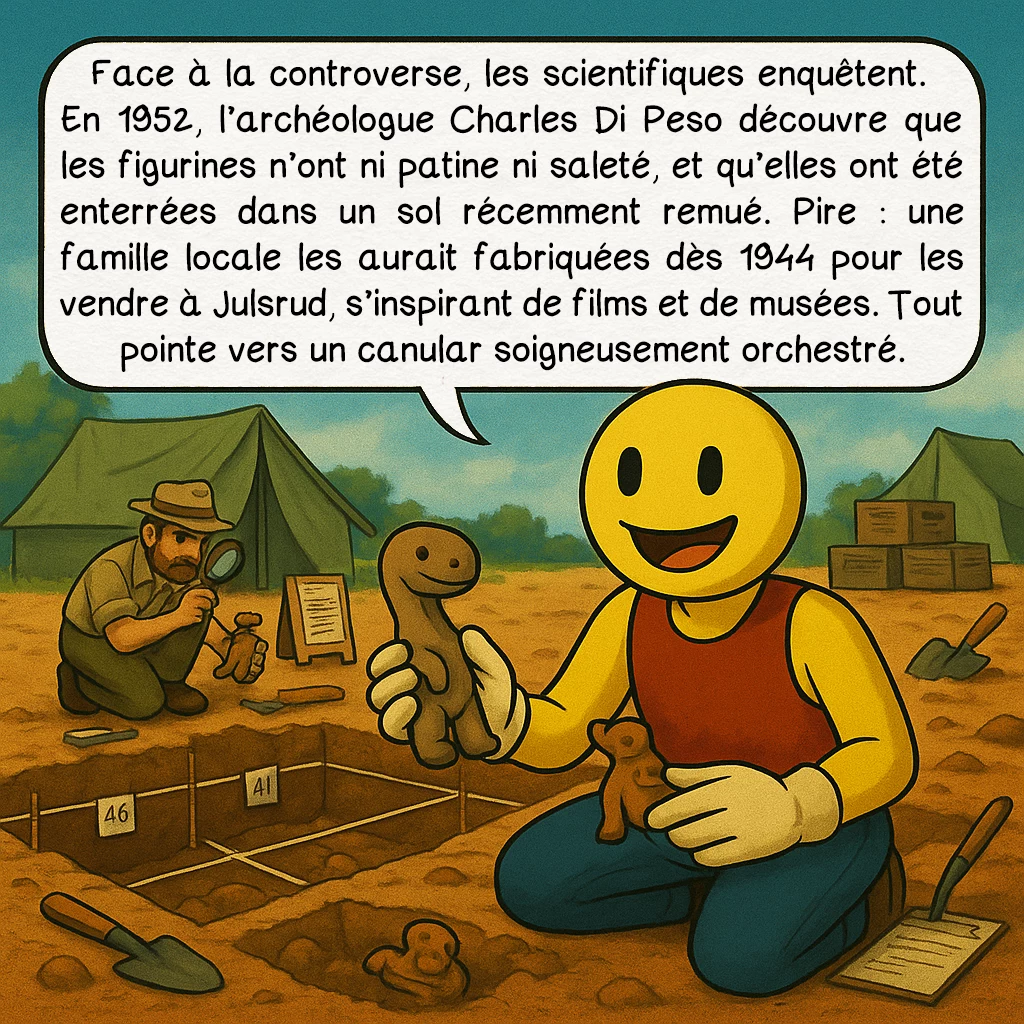 Les figurines d’Acámbaro, case 6 : L’enquête archéologique
Face à la controverse, les scientifiques enquêtent. En 1952, l’archéologue Charles Di Peso découvre que les figurines n’ont ni patine ni saleté, et qu’elles ont été enterrées dans un sol récemment remué. Pire : une famille locale les aurait fabriquées dès 1944 pour les vendre à Julsrud, s’inspirant de films et de musées. Tout pointe vers un canular soigneusement orchestré.