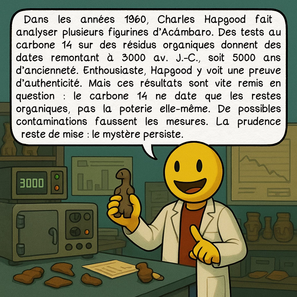 Les figurines d’Acámbaro, case 7 : Premiers tests scientifiques
Dans les années 1960, Charles Hapgood fait analyser plusieurs figurines d’Acámbaro. Des tests au carbone 14 sur des résidus organiques donnent des dates remontant à 3000 av. J.-C., soit 5000 ans d’ancienneté. Enthousiaste, Hapgood y voit une preuve d’authenticité. Mais ces résultats sont vite remis en question : le carbone 14 ne date que les restes organiques, pas la poterie elle-même. De possibles contaminations faussent les mesures. La prudence reste de mise : le mystère persiste.