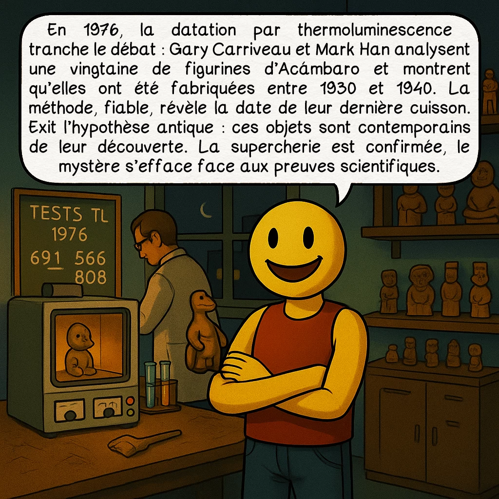 Les figurines d’Acámbaro, case 8 : La preuve du canular
En 1976, la datation par thermoluminescence tranche le débat : Gary Carriveau et Mark Han analysent une vingtaine de figurines d’Acámbaro et montrent qu’elles ont été fabriquées entre 1930 et 1940. La méthode, fiable, révèle la date de leur dernière cuisson. Exit l’hypothèse antique : ces objets sont contemporains de leur découverte. La supercherie est confirmée, le mystère s’efface face aux preuves scientifiques.
