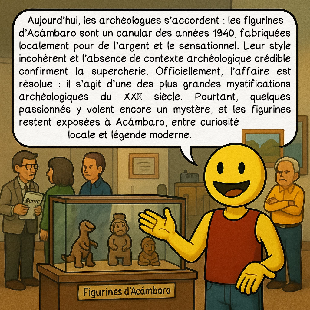 Les figurines d’Acámbaro, case 9 : Le verdict des experts
Aujourd’hui, les archéologues s’accordent : les figurines d’Acámbaro sont un canular des années 1940, fabriquées localement pour de l’argent et le sensationnel. Leur style incohérent et l’absence de contexte archéologique crédible confirment la supercherie. Officiellement, l’affaire est résolue : il s’agit d’une des plus grandes mystifications archéologiques du XXᵉ siècle. Pourtant, quelques passionnés y voient encore un mystère, et les figurines restent exposées à Acámbaro, entre curiosité locale et légende moderne.