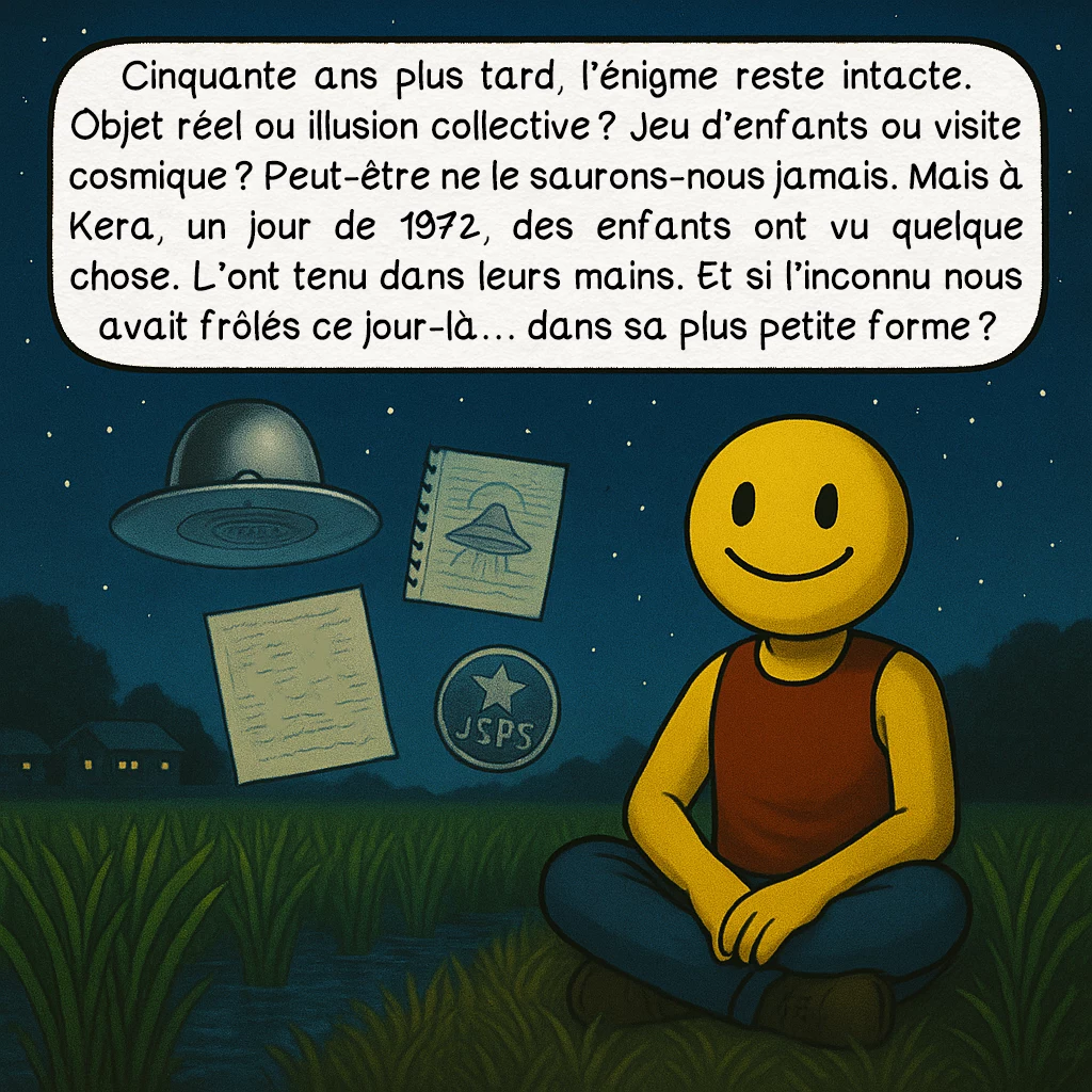 L’OVNI de Kera, case 10 : Cinquante ans plus tard, l’énigme reste intacte. Objet réel ou illusion collective ? Jeu d’enfants ou visite cosmique ? Peut-être ne le saurons-nous jamais. Mais à Kera, un jour de 1972, des enfants ont vu quelque chose. L’ont tenu dans leurs mains. Et si l’inconnu nous avait frôlés ce jour-là… dans sa plus petite forme ?