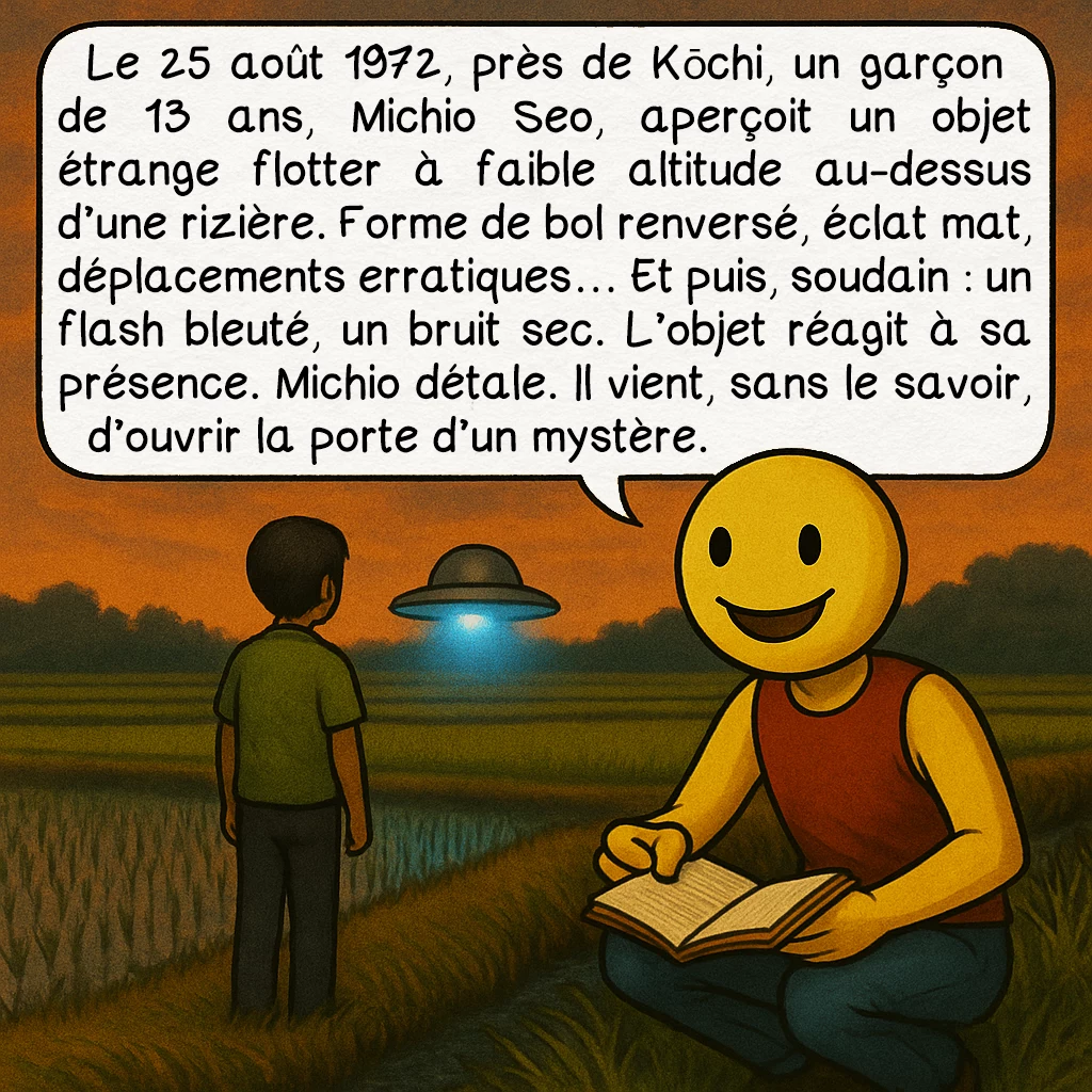 L’OVNI de Kera, case 2 : Le 25 août 1972, près de Kōchi, un garçon de 13 ans, Michio Seo, aperçoit un objet étrange flotter à faible altitude au-dessus d’une rizière. Forme de bol renversé, éclat mat, déplacements erratiques… Et puis, soudain : un flash bleuté, un bruit sec. L’objet réagit à sa présence. Michio détale. Il vient, sans le savoir, d’ouvrir la porte d’un mystère.