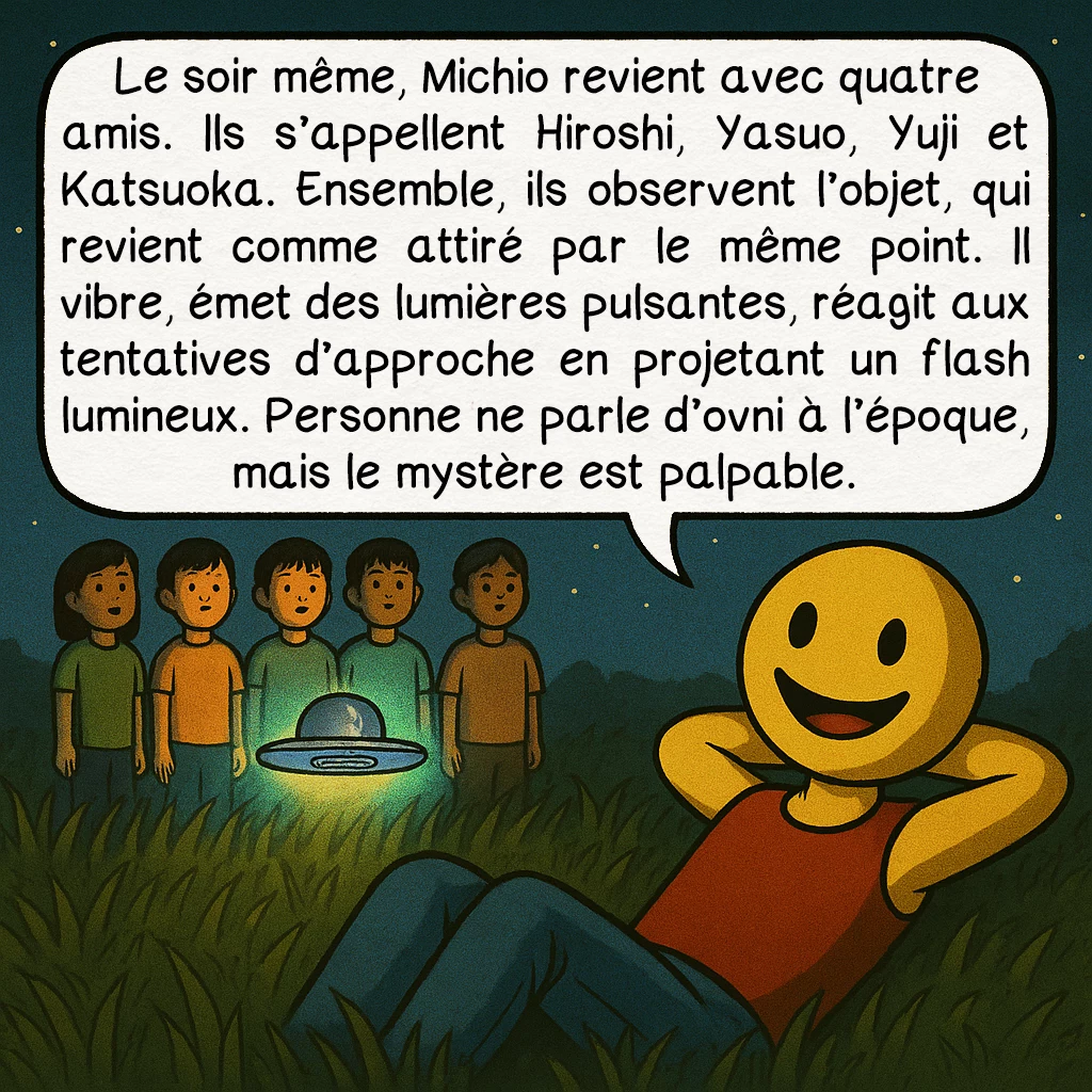 L’OVNI de Kera, case 3 : Le soir même, Michio revient avec quatre amis. Ils s’appellent Hiroshi, Yasuo, Yuji et Katsuoka. Ensemble, ils observent l’objet, qui revient comme attiré par le même point. Il vibre, émet des lumières pulsantes, réagit aux tentatives d’approche en projetant un flash lumineux. Personne ne parle d’ovni à l’époque, mais le mystère est palpable.