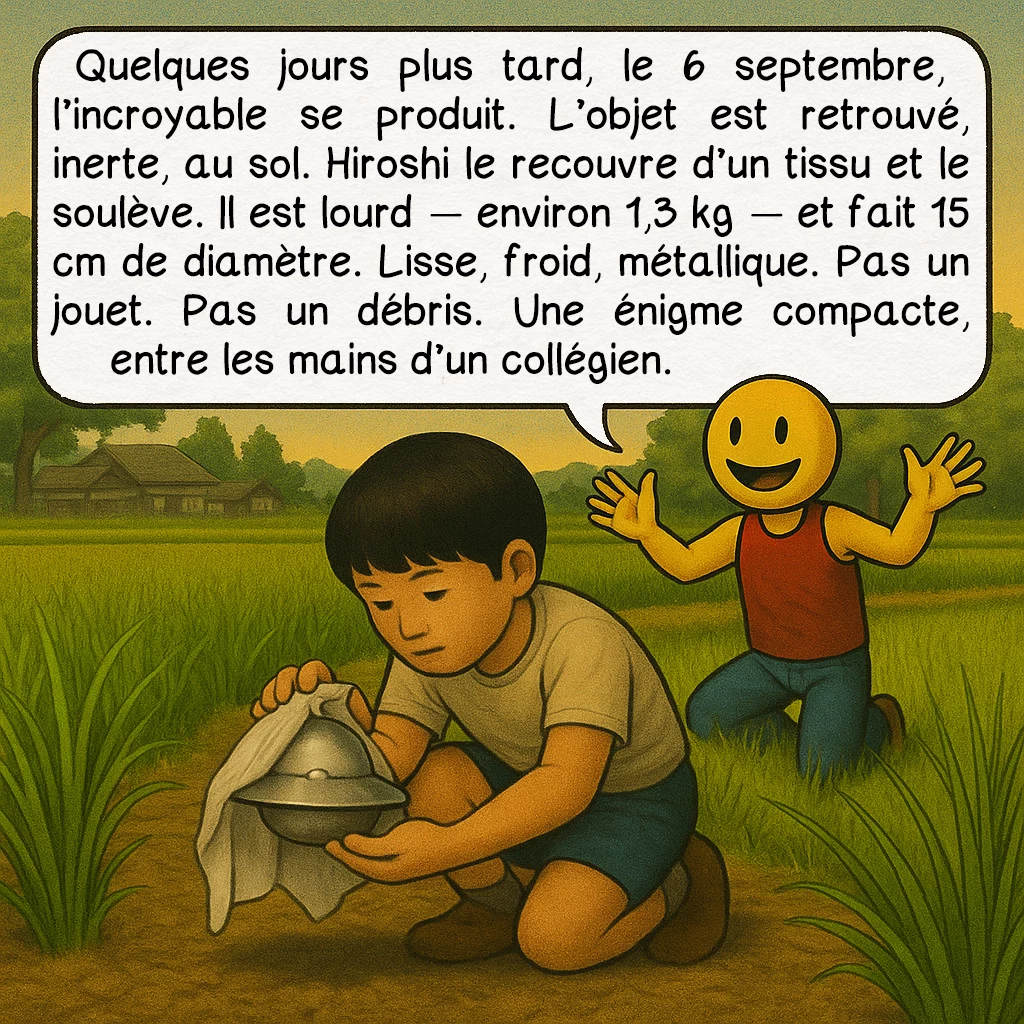 L’OVNI de Kera, case 4 : Quelques jours plus tard, le 6 septembre, l’incroyable se produit. L’objet est retrouvé, inerte, au sol. Hiroshi le recouvre d’un tissu et le soulève. Il est lourd — environ 1,3 kg — et fait 15 cm de diamètre. Lisse, froid, métallique. Pas un jouet. Pas un débris. Une énigme compacte, entre les mains d’un collégien.