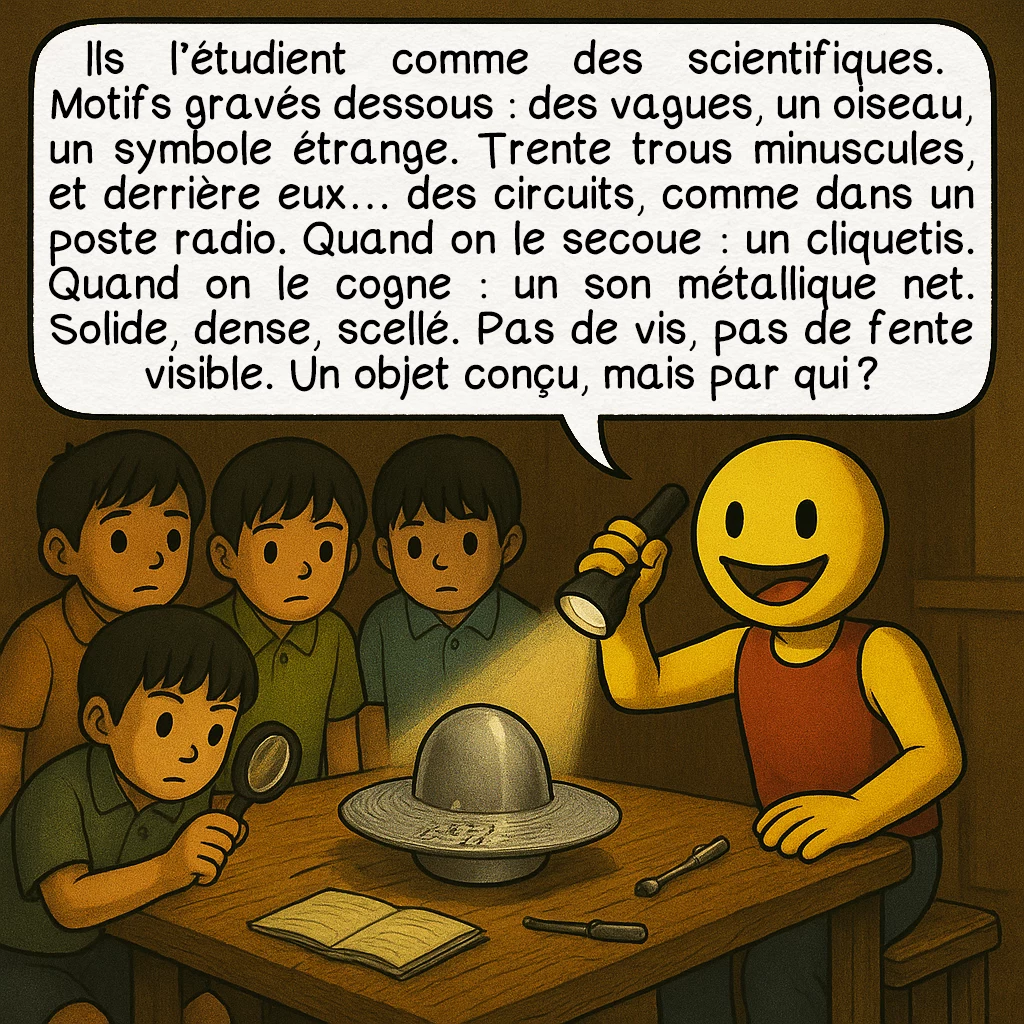 L’OVNI de Kera, case 5 : Ils l’étudient comme des scientifiques. Motifs gravés dessous : des vagues, un oiseau, un symbole étrange. Trente trous minuscules, et derrière eux… des circuits, comme dans un poste radio. Quand on le secoue : un cliquetis. Quand on le cogne : un son métallique net. Solide, dense, scellé. Pas de vis, pas de fente visible. Un objet conçu, mais par qui ?