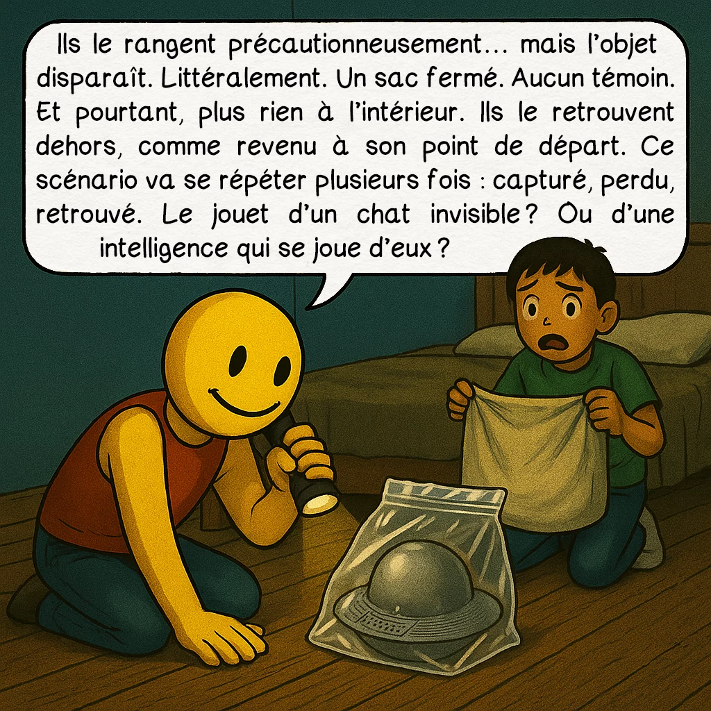 L’OVNI de Kera, case 6 : Ils le rangent précautionneusement… mais l’objet disparaît. Littéralement. Un sac fermé. Aucun témoin. Et pourtant, plus rien à l’intérieur. Ils le retrouvent dehors, comme revenu à son point de départ. Ce scénario va se répéter plusieurs fois : capturé, perdu, retrouvé. Le jouet d’un chat invisible ? Ou d’une intelligence qui se joue d’eux ?