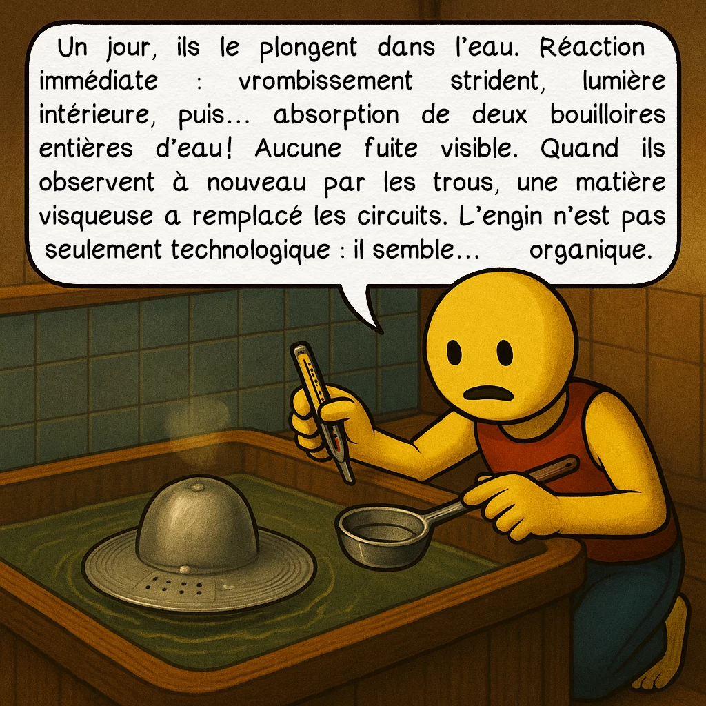 L’OVNI de Kera, case 7 : Un jour, ils le plongent dans l’eau. Réaction immédiate : vrombissement strident, lumière intérieure, puis… absorption de deux bouilloires entières d’eau ! Aucune fuite visible. Quand ils observent à nouveau par les trous, une matière visqueuse a remplacé les circuits. L’engin n’est pas seulement technologique : il semble… organique.