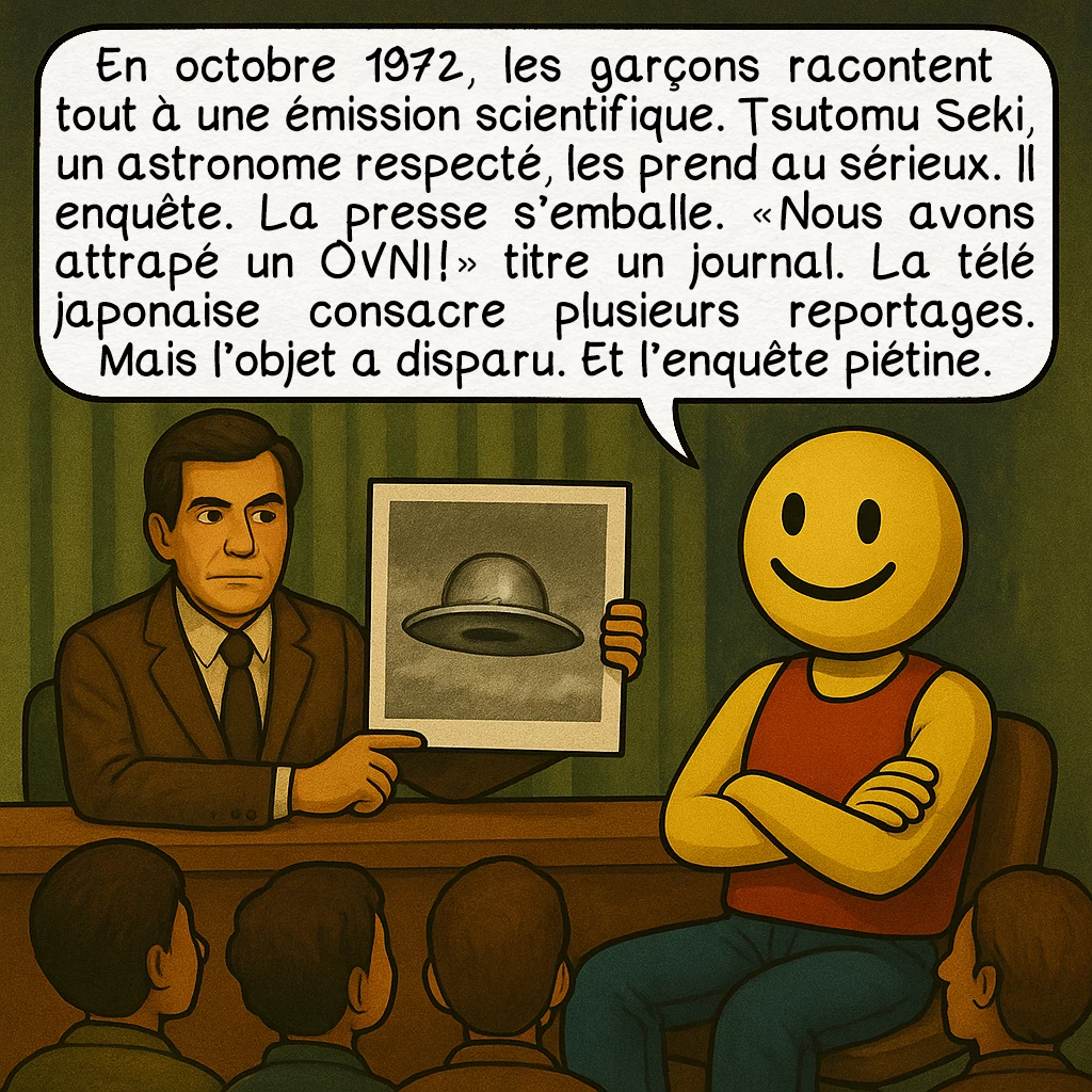 L’OVNI de Kera, case 8 : En octobre 1972, les garçons racontent tout à une émission scientifique. Tsutomu Seki, un astronome respecté, les prend au sérieux. Il enquête. La presse s’emballe. « Nous avons attrapé un OVNI ! » titre un journal. La télé japonaise consacre plusieurs reportages. Mais l’objet a disparu. Et l’enquête piétine.