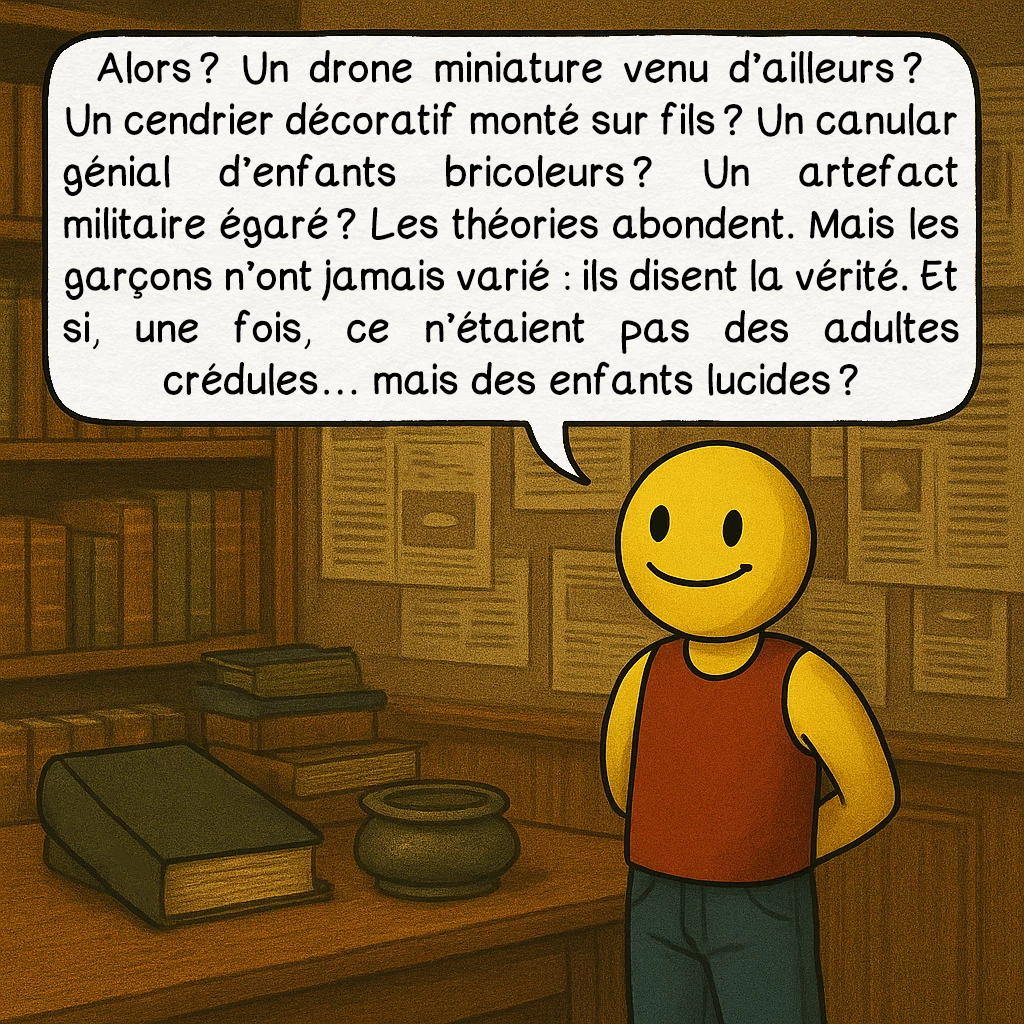 L’OVNI de Kera, case 9 : Alors ? Un drone miniature venu d’ailleurs ? Un cendrier décoratif monté sur fils ? Un canular génial d’enfants bricoleurs ? Un artefact militaire égaré ? Les théories abondent. Mais les garçons n’ont jamais varié : ils disent la vérité. Et si, une fois, ce n’étaient pas des adultes crédules… mais des enfants lucides ?