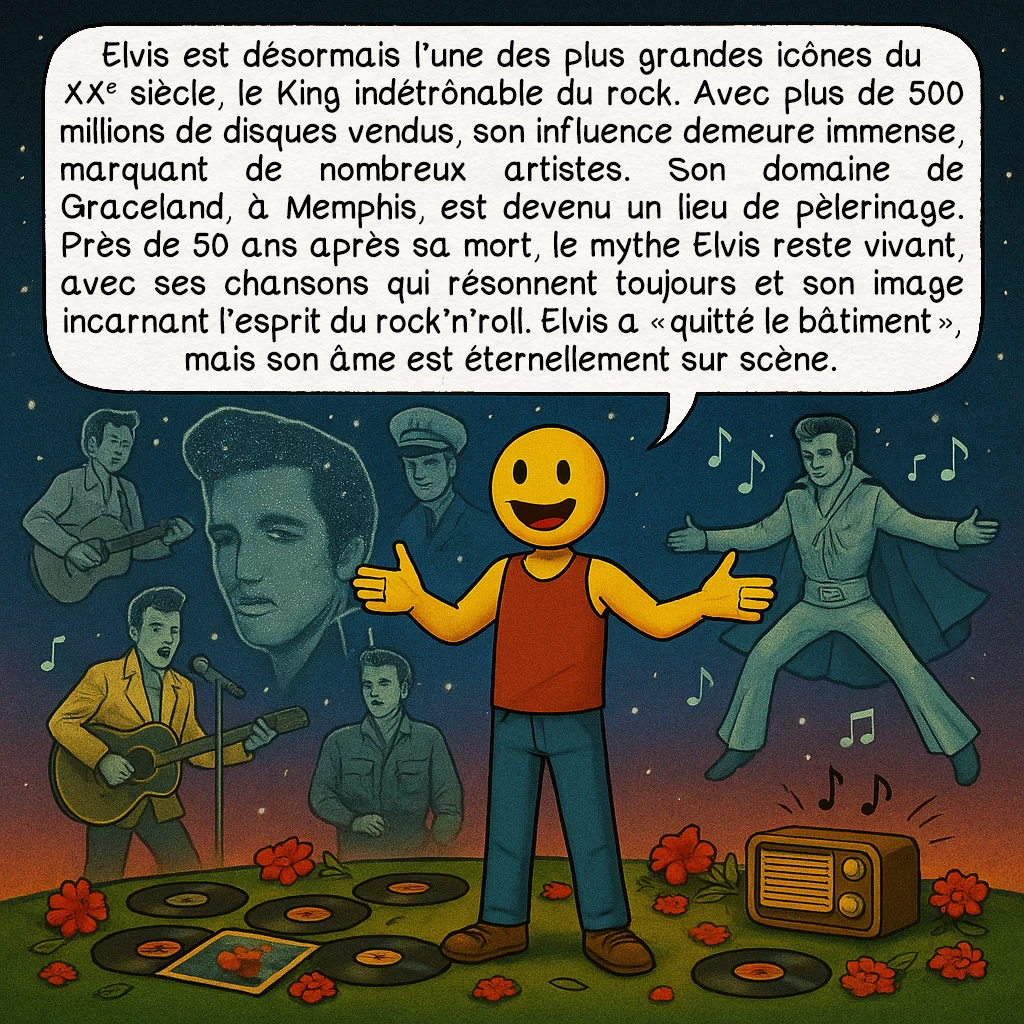 Elvis Presley, case 10 : Conclusion — L’héritage immortel d’Elvis
Elvis est désormais l’une des plus grandes icônes du XXᵉ siècle, le King indétrônable du rock. Avec plus de 500 millions de disques vendus, son influence demeure immense, marquant de nombreux artistes. Son domaine de Graceland, à Memphis, est devenu un lieu de pèlerinage. Près de 50 ans après sa mort, le mythe Elvis reste vivant, avec ses chansons qui résonnent toujours et son image incarnant l’esprit du rock’n’roll. Elvis a « quitté le bâtiment », mais son âme est éternellement sur scène.