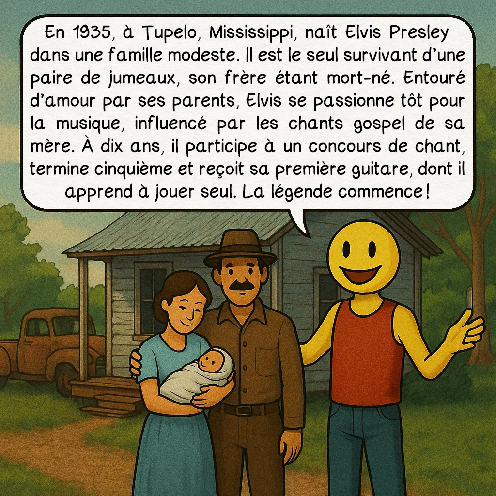 Elvis Presley, case 2 : Enfance à Tupelo
En 1935, à Tupelo, Mississippi, naît Elvis Presley dans une famille modeste. Il est le seul survivant d’une paire de jumeaux, son frère étant mort-né. Entouré d’amour par ses parents, Elvis se passionne tôt pour la musique, influencé par les chants gospel de sa mère. À dix ans, il participe à un concours de chant, termine cinquième et reçoit sa première guitare, dont il apprend à jouer seul. La légende commence !