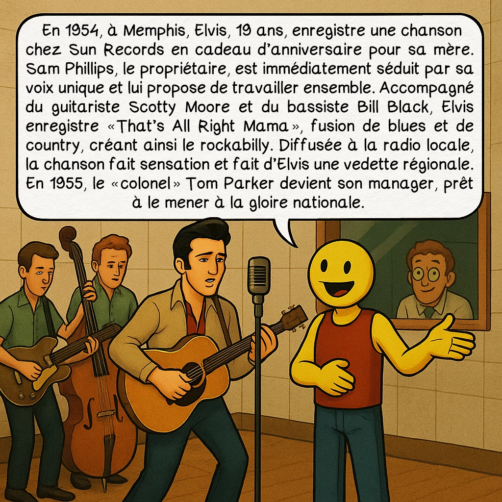 Elvis Presley, case 3 : Sun Records, le premier disque
En 1954, à Memphis, Elvis, 19 ans, enregistre une chanson chez Sun Records en cadeau d’anniversaire pour sa mère. Sam Phillips, le propriétaire, est immédiatement séduit par sa voix unique et lui propose de travailler ensemble. Accompagné du guitariste Scotty Moore et du bassiste Bill Black, Elvis enregistre « That’s All Right Mama », fusion de blues et de country, créant ainsi le rockabilly. Diffusée à la radio locale, la chanson fait sensation et fait d’Elvis une vedette régionale. En 1955, le « colonel » Tom Parker devient son manager, prêt à le mener à la gloire nationale.