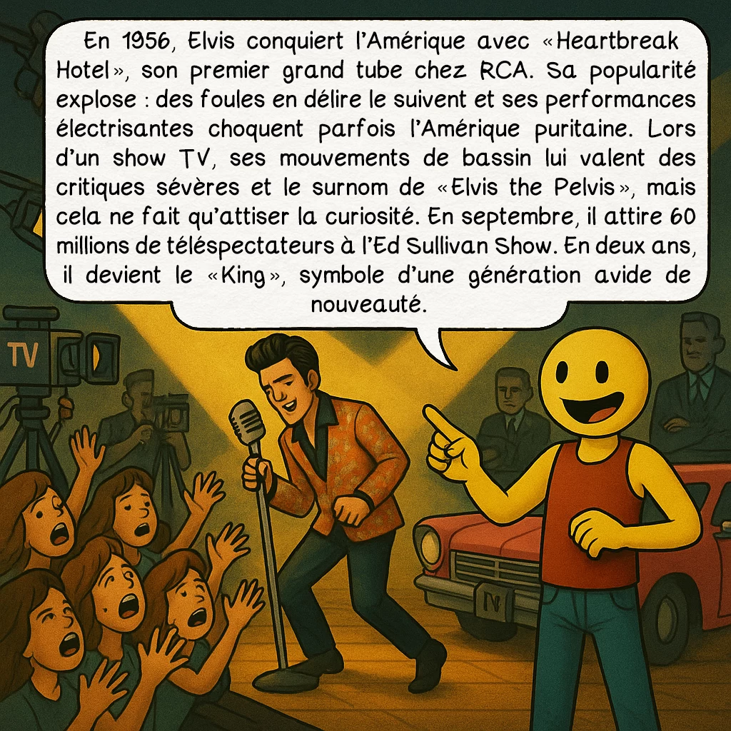 Elvis Presley, case 4 : Gloire et scandale sur scène
En 1956, Elvis conquiert l’Amérique avec « Heartbreak Hotel », son premier grand tube chez RCA. Sa popularité explose : des foules en délire le suivent et ses performances électrisantes choquent parfois l’Amérique puritaine. Lors d’un show TV, ses mouvements de bassin lui valent des critiques sévères et le surnom de « Elvis the Pelvis », mais cela ne fait qu’attiser la curiosité. En septembre, il attire 60 millions de téléspectateurs à l’Ed Sullivan Show. En deux ans, il devient le « King », symbole d’une génération avide de nouveauté.