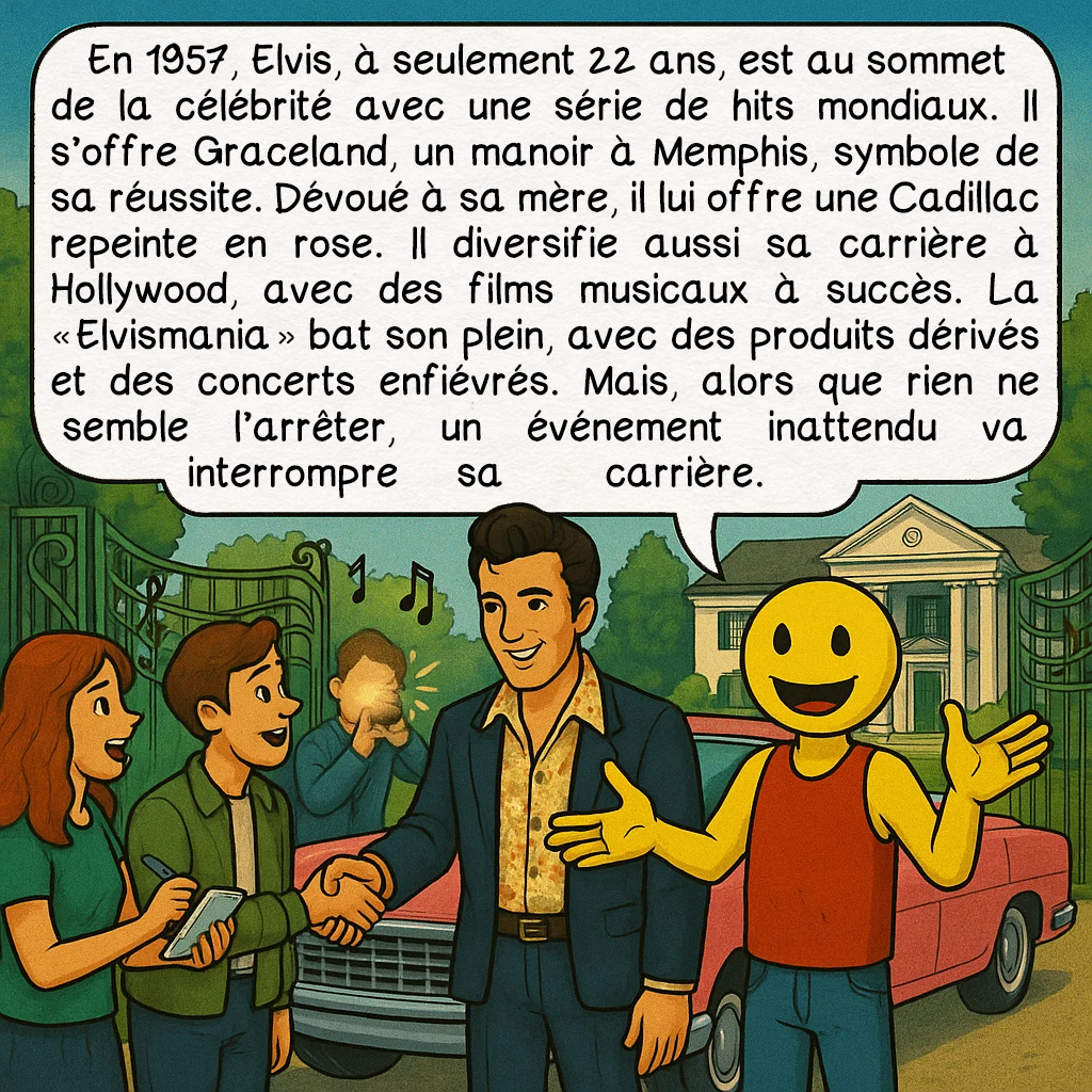 Elvis Presley, case 5 : Au sommet de la célébrité
En 1957, Elvis, à seulement 22 ans, est au sommet de la célébrité avec une série de hits mondiaux. Il s’offre Graceland, un manoir à Memphis, symbole de sa réussite. Dévoué à sa mère, il lui offre une Cadillac repeinte en rose. Il diversifie aussi sa carrière à Hollywood, avec des films musicaux à succès. La « Elvismania » bat son plein, avec des produits dérivés et des concerts enfiévrés. Mais, alors que rien ne semble l’arrêter, un événement inattendu va interrompre sa carrière.