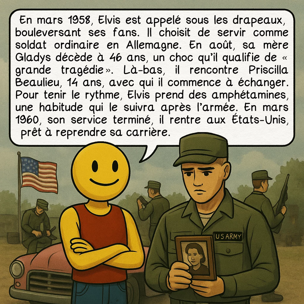 Elvis Presley, case 6 : Parenthèse militaire et drame personnel
En mars 1958, Elvis est appelé sous les drapeaux, bouleversant ses fans. Il choisit de servir comme soldat ordinaire en Allemagne. En août, sa mère Gladys décède à 46 ans, un choc qu’il qualifie de « grande tragédie ». Là-bas, il rencontre Priscilla Beaulieu, 14 ans, avec qui il commence à échanger. Pour tenir le rythme, Elvis prend des amphétamines, une habitude qui le suivra après l’armée. En mars 1960, son service terminé, il rentre aux États-Unis, prêt à reprendre sa carrière.