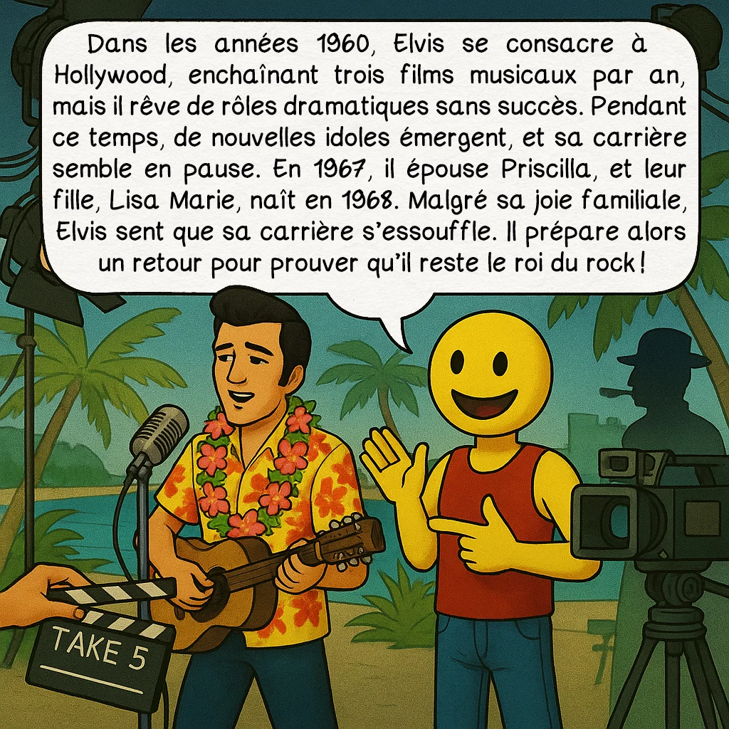 Elvis Presley, case 7 : Hollywood, mariage et creux de vague
Dans les années 1960, Elvis se consacre à Hollywood, enchaînant trois films musicaux par an, mais il rêve de rôles dramatiques sans succès. Pendant ce temps, de nouvelles idoles émergent, et sa carrière semble en pause. En 1967, il épouse Priscilla, et leur fille, Lisa Marie, naît en 1968. Malgré sa joie familiale, Elvis sent que sa carrière s’essouffle. Il prépare alors un retour pour prouver qu’il reste le roi du rock !