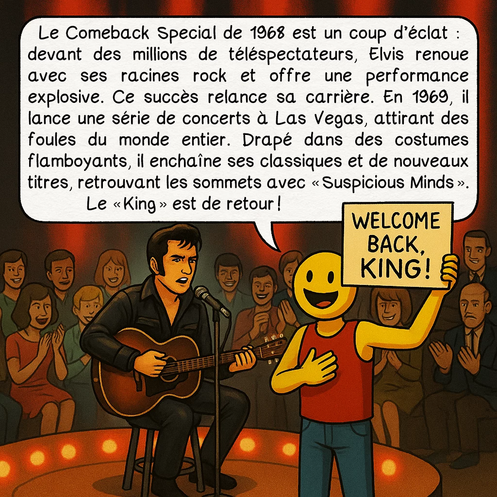 Elvis Presley, case 8 : Le grand retour du King
Le Comeback Special de 1968 est un coup d’éclat : devant des millions de téléspectateurs, Elvis renoue avec ses racines rock et offre une performance explosive. Ce succès relance sa carrière. En 1969, il lance une série de concerts à Las Vegas, attirant des foules du monde entier. Drapé dans des costumes flamboyants, il enchaîne ses classiques et de nouveaux titres, retrouvant les sommets avec « Suspicious Minds ». Le « King » est de retour !