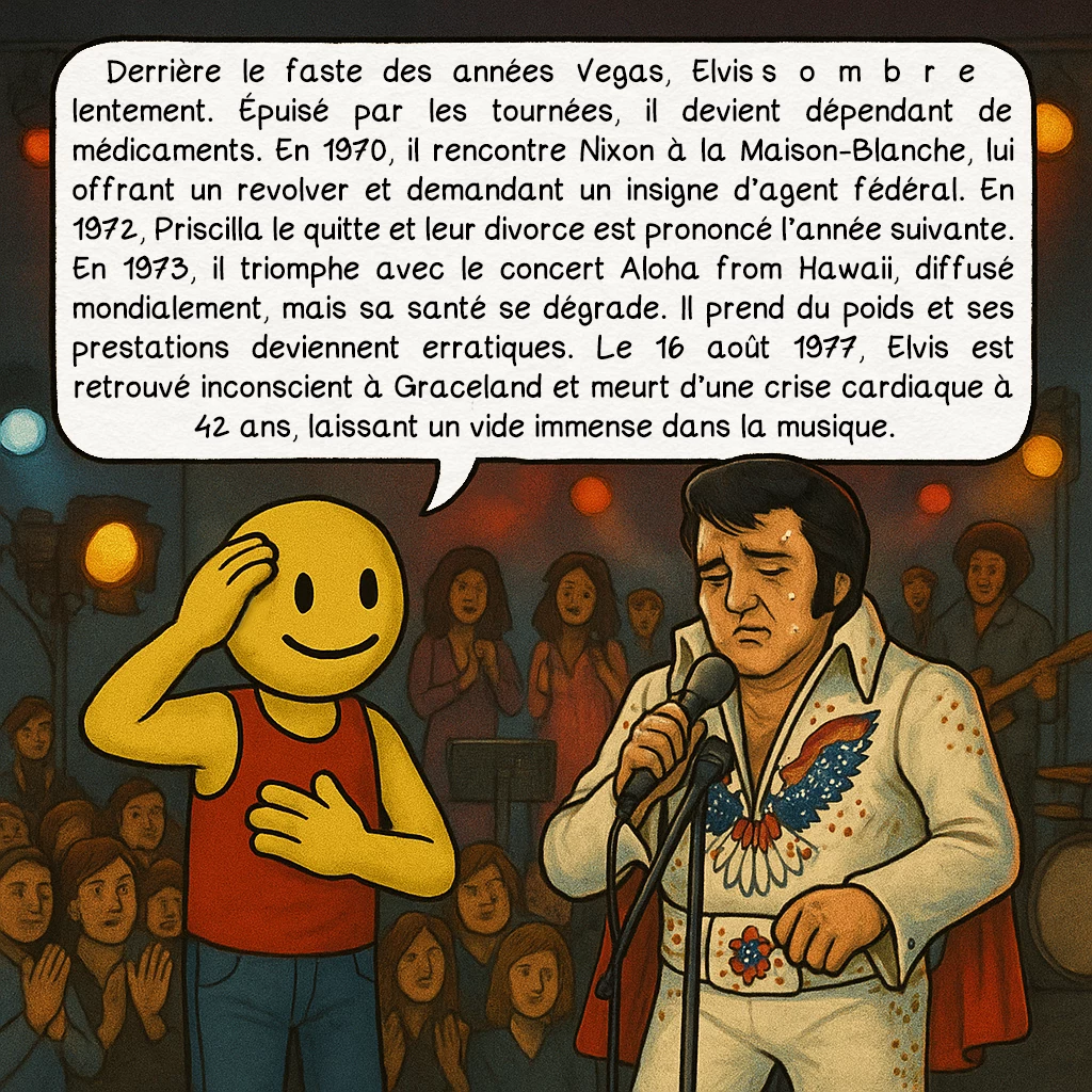 Elvis Presley, case 9 : Déclin et chute d’une idole
Derrière le faste des années Vegas, Elvis sombre lentement. Épuisé par les tournées, il devient dépendant de médicaments. En 1970, il rencontre Nixon à la Maison-Blanche, lui offrant un revolver et demandant un insigne d’agent fédéral. En 1972, Priscilla le quitte et leur divorce est prononcé l’année suivante. En 1973, il triomphe avec le concert Aloha from Hawaii, diffusé mondialement, mais sa santé se dégrade. Il prend du poids et ses prestations deviennent erratiques. Le 16 août 1977, Elvis est retrouvé inconscient à Graceland et meurt d’une crise cardiaque à 42 ans, laissant un vide immense dans la musique.