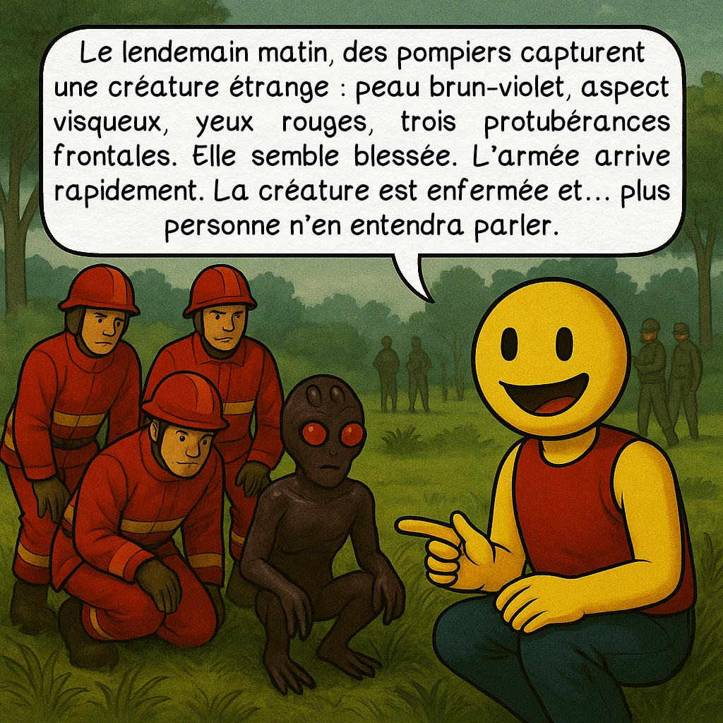 L’incident de Varginha, case 3 : — Une créature capturée au petit matin
Le lendemain matin, des pompiers capturent une créature étrange : peau brun-violet, aspect visqueux, yeux rouges, trois protubérances frontales. Elle semble blessée. L’armée arrive rapidement. La créature est enfermée et… plus personne n’en entendra parler.