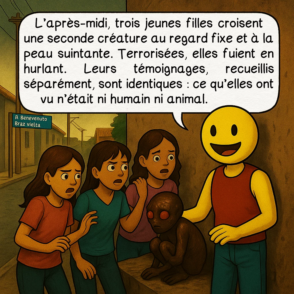 L’incident de Varginha, case 4 : — Les trois jeunes filles
L’après-midi, trois jeunes filles croisent une seconde créature au regard fixe et à la peau suintante. Terrorisées, elles fuient en hurlant. Leurs témoignages, recueillis séparément, sont identiques : ce qu’elles ont vu n’était ni humain ni animal.