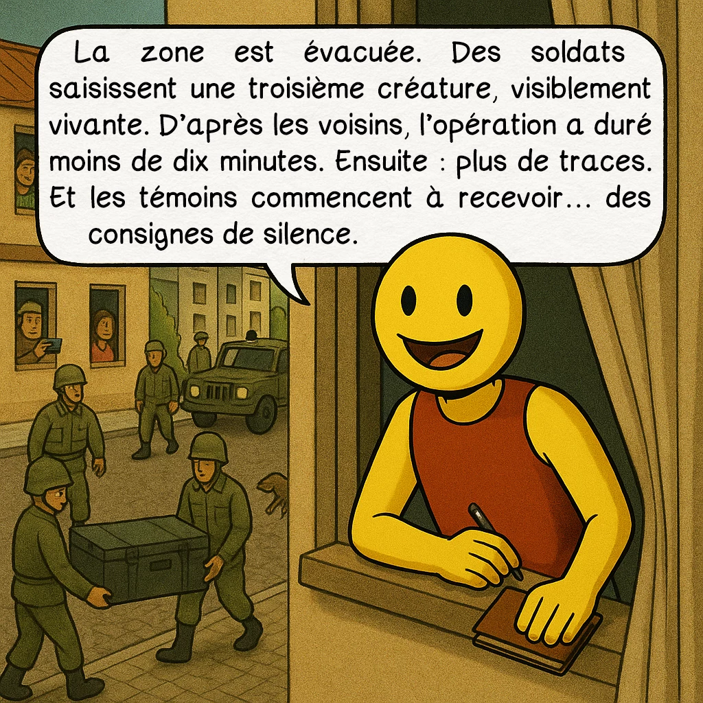 L’incident de Varginha, case 5 : — Intervention musclée et silence imposé
La zone est évacuée. Des soldats saisissent une troisième créature, visiblement vivante. D’après les voisins, l’opération a duré moins de dix minutes. Ensuite : plus de traces. Et les témoins commencent à recevoir… des consignes de silence.