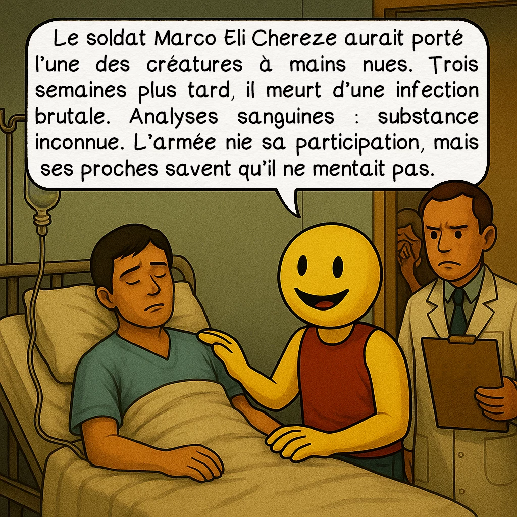 L’incident de Varginha, case 6 : — Marco Chereze : la victime oubliée
Le soldat Marco Eli Chereze aurait porté l’une des créatures à mains nues. Trois semaines plus tard, il meurt d’une infection brutale. Analyses sanguines : substance inconnue. L’armée nie sa participation, mais ses proches savent qu’il ne mentait pas.