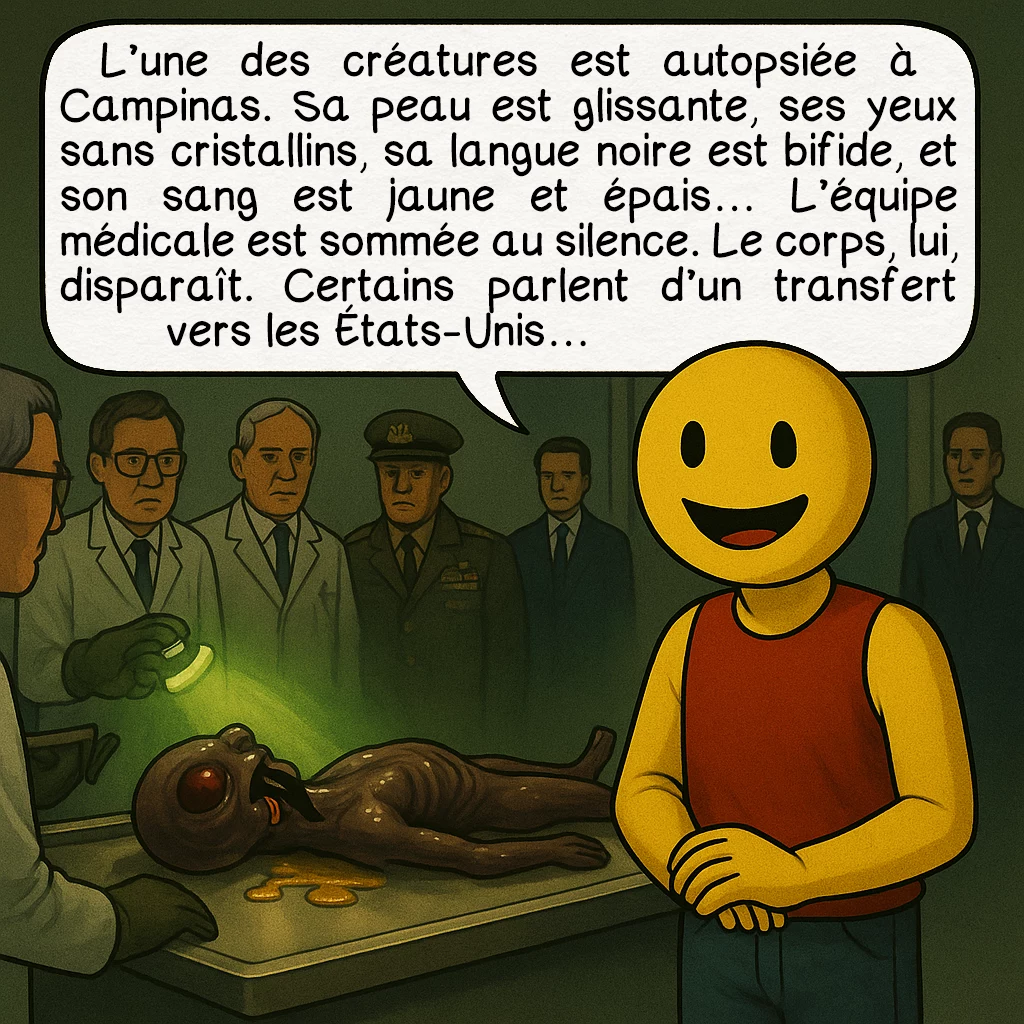 L’incident de Varginha, case 7 : — Autopsie et pressions
L’une des créatures est autopsiée à Campinas. Sa peau est glissante, ses yeux sans cristallins, sa langue noire est bifide, et son sang est jaune et épais… L’équipe médicale est sommée au silence. Le corps, lui, disparaît. Certains parlent d’un transfert vers les États-Unis…