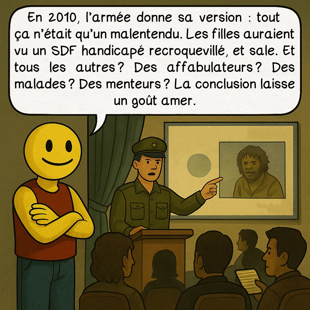 L’incident de Varginha, case 9 : — La version officielle
En 2010, l’armée donne sa version : tout ça n’était qu’un malentendu. Les filles auraient vu un SDF handicapé recroquevillé, et sale. Et tous les autres ? Des affabulateurs ? Des malades ? Des menteurs ? La conclusion laisse un goût amer.
