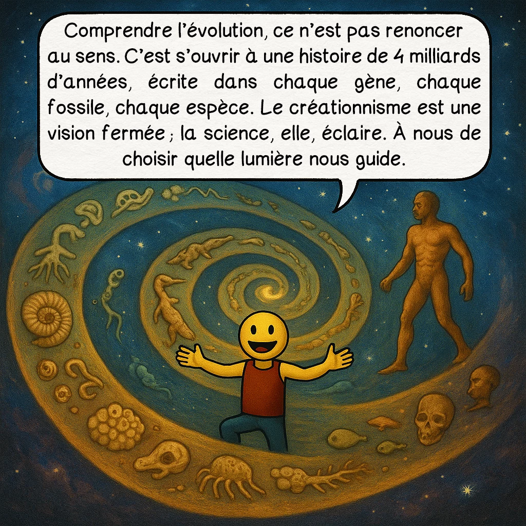 Le créationnisme, case 10 : — Conclusion
Comprendre l’évolution, ce n’est pas renoncer au sens. C’est s’ouvrir à une histoire de 4 milliards d’années, écrite dans chaque gène, chaque fossile, chaque espèce. Le créationnisme est une vision fermée ; la science, elle, éclaire. À nous de choisir quelle lumière nous guide.