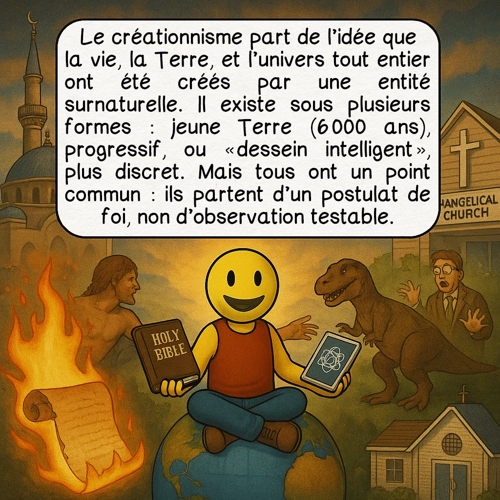Le créationnisme, case 2 : — Origines du créationnisme
Le créationnisme part de l’idée que la vie, la Terre, et l’univers tout entier ont été créés par une entité surnaturelle. Il existe sous plusieurs formes : jeune Terre (6 000 ans), progressif, ou « dessein intelligent », plus discret. Mais tous ont un point commun : ils partent d’un postulat de foi, non d’observation testable.