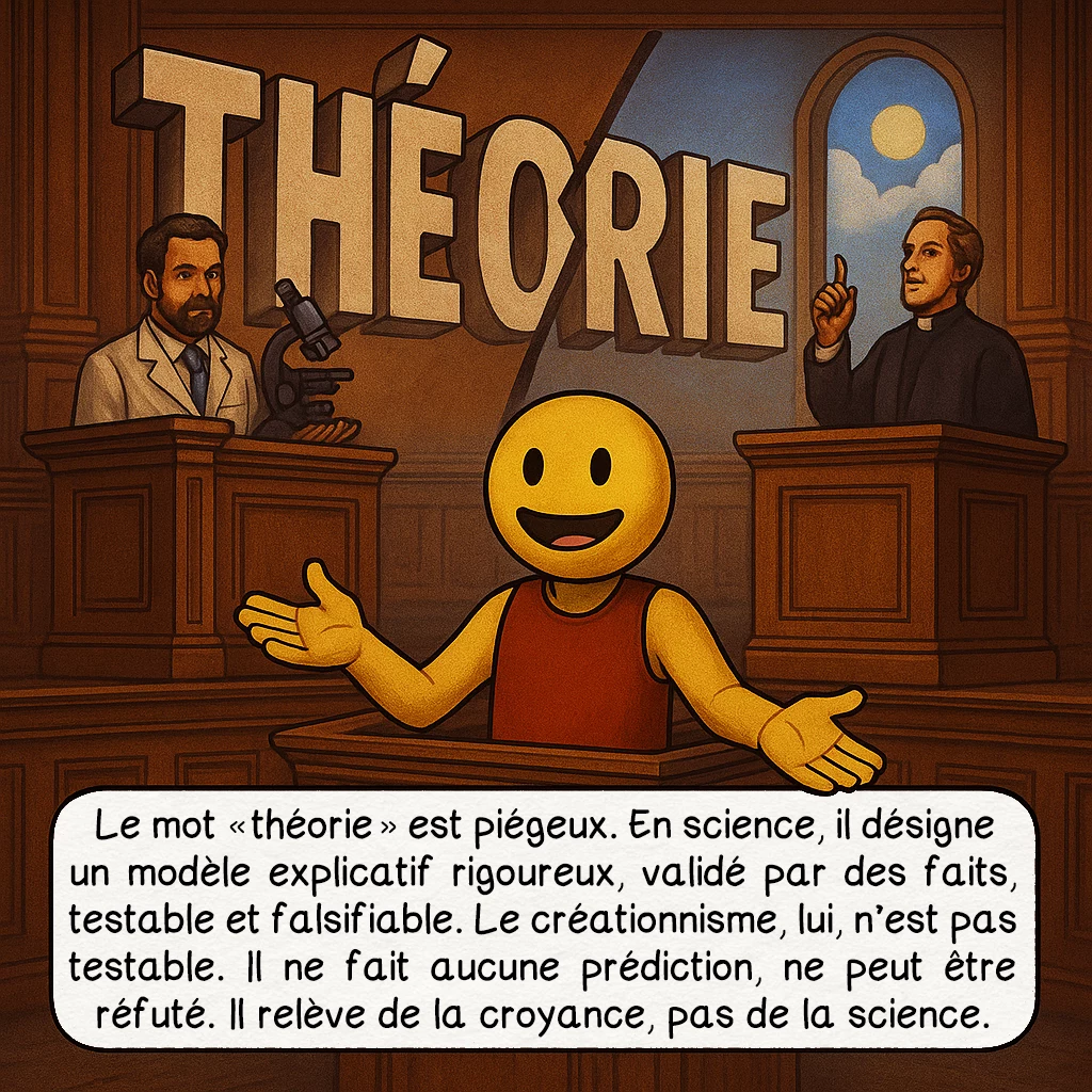 Le créationnisme, case 3 : — Une « théorie » ? Le piège du mot
Le mot « théorie » est piégeux. En science, il désigne un modèle explicatif rigoureux, validé par des faits, testable et falsifiable. Le créationnisme, lui, n’est pas testable. Il ne fait aucune prédiction, ne peut être réfuté. Il relève de la croyance, pas de la science.