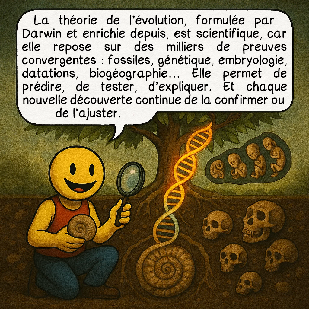 Le créationnisme, case 4 : — Pourquoi l’évolution est-elle une théorie scientifique ?
La théorie de l’évolution, formulée par Darwin et enrichie depuis, est scientifique, car elle repose sur des milliers de preuves convergentes : fossiles, génétique, embryologie, datations, biogéographie… Elle permet de prédire, de tester, d’expliquer. Et chaque nouvelle découverte continue de la confirmer ou de l’ajuster.