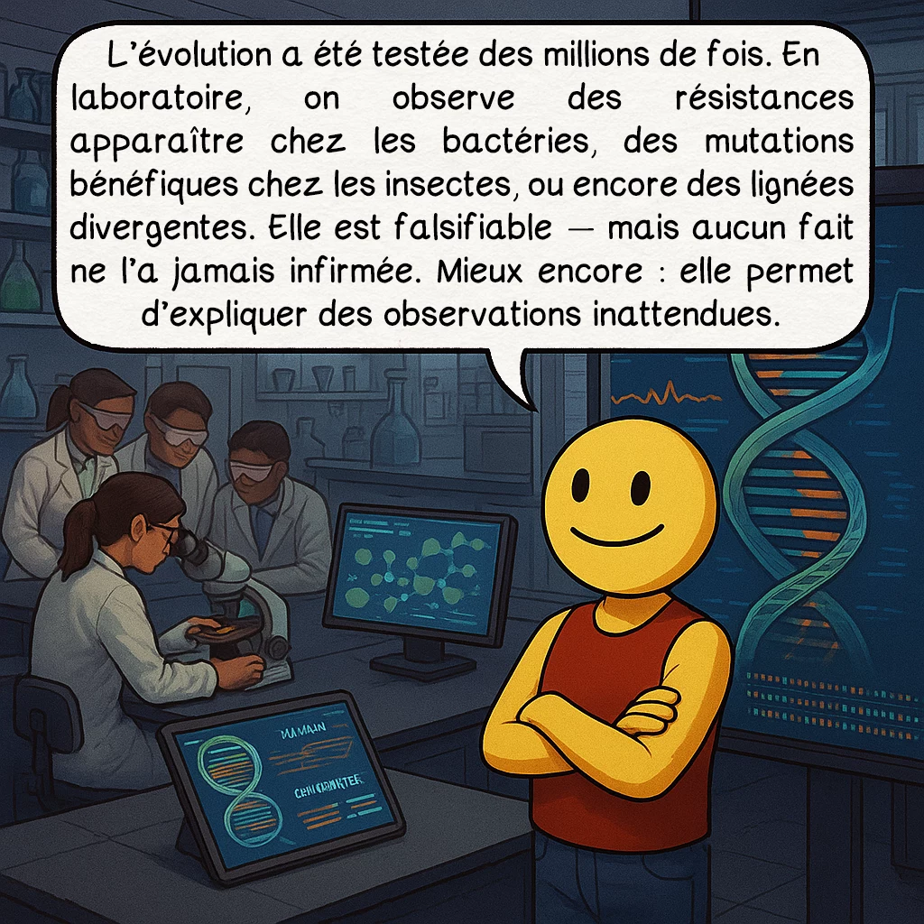 Le créationnisme, case 5 : — Une théorie vérifiable… et vérifiée
L’évolution a été testée des millions de fois. En laboratoire, on observe des résistances apparaître chez les bactéries, des mutations bénéfiques chez les insectes, ou encore des lignées divergentes. Elle est falsifiable — mais aucun fait ne l’a jamais infirmée. Mieux encore : elle permet d’expliquer des observations inattendues.