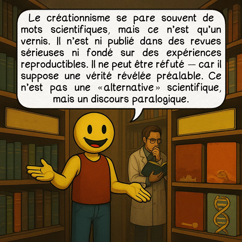 Le créationnisme, case 6 : — Le créationnisme et la pseudoscience
Le créationnisme se pare souvent de mots scientifiques, mais ce n’est qu’un vernis. Il n’est ni publié dans des revues sérieuses ni fondé sur des expériences reproductibles. Il ne peut être réfuté — car il suppose une vérité révélée préalable. Ce n’est pas une « alternative » scientifique, mais un discours paralogique.