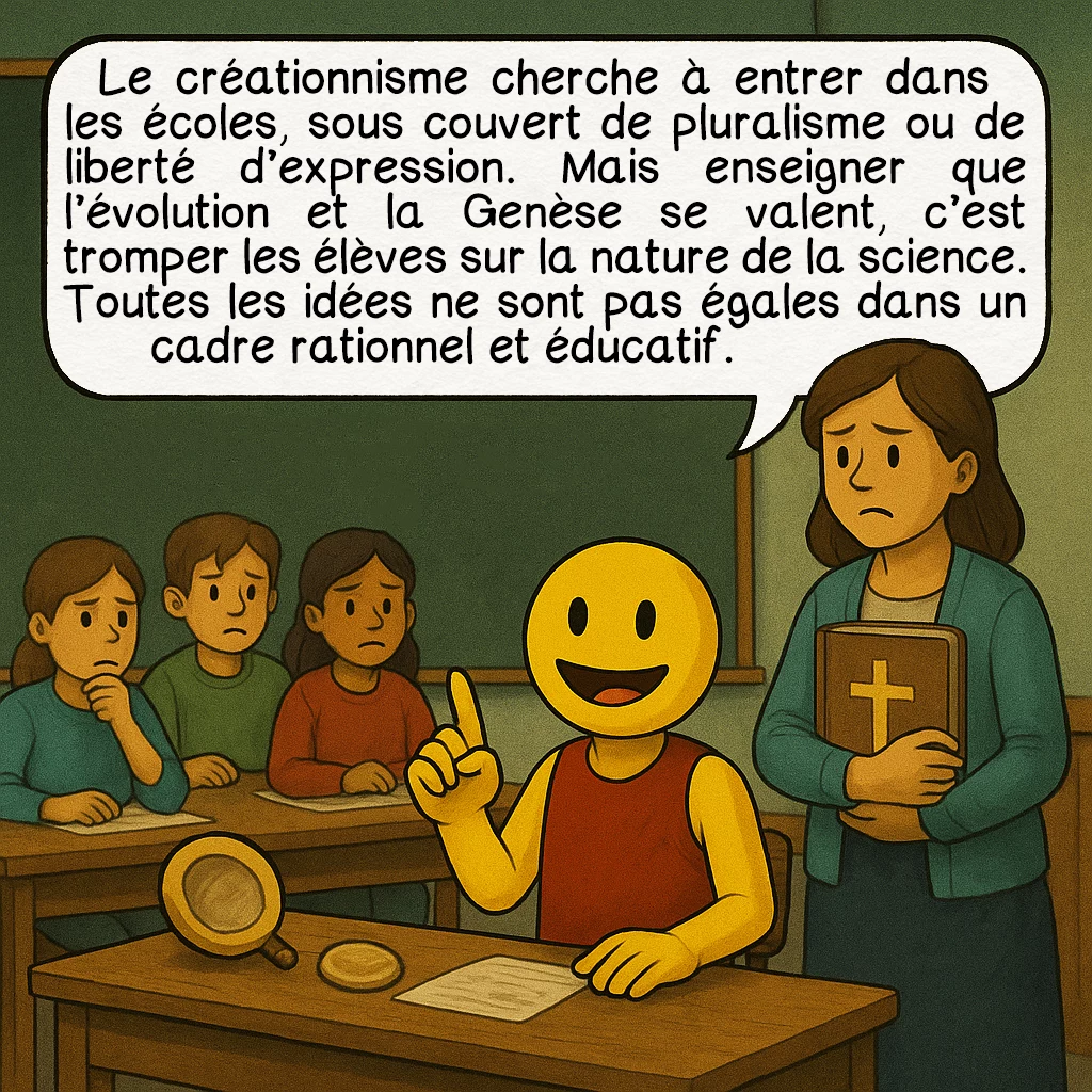Le créationnisme, case 7 : — Les dangers dans l’éducation
Le créationnisme cherche à entrer dans les écoles, sous couvert de pluralisme ou de liberté d’expression. Mais enseigner que l’évolution et la Genèse se valent, c’est tromper les élèves sur la nature de la science. Toutes les idées ne sont pas égales dans un cadre rationnel et éducatif.