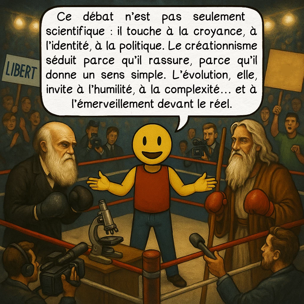 Le créationnisme, case 8 : — Pourquoi le débat persiste-t-il ?
Ce débat n’est pas seulement scientifique : il touche à la croyance, à l’identité, à la politique. Le créationnisme séduit parce qu’il rassure, parce qu’il donne un sens simple. L’évolution, elle, invite à l’humilité, à la complexité… et à l’émerveillement devant le réel.