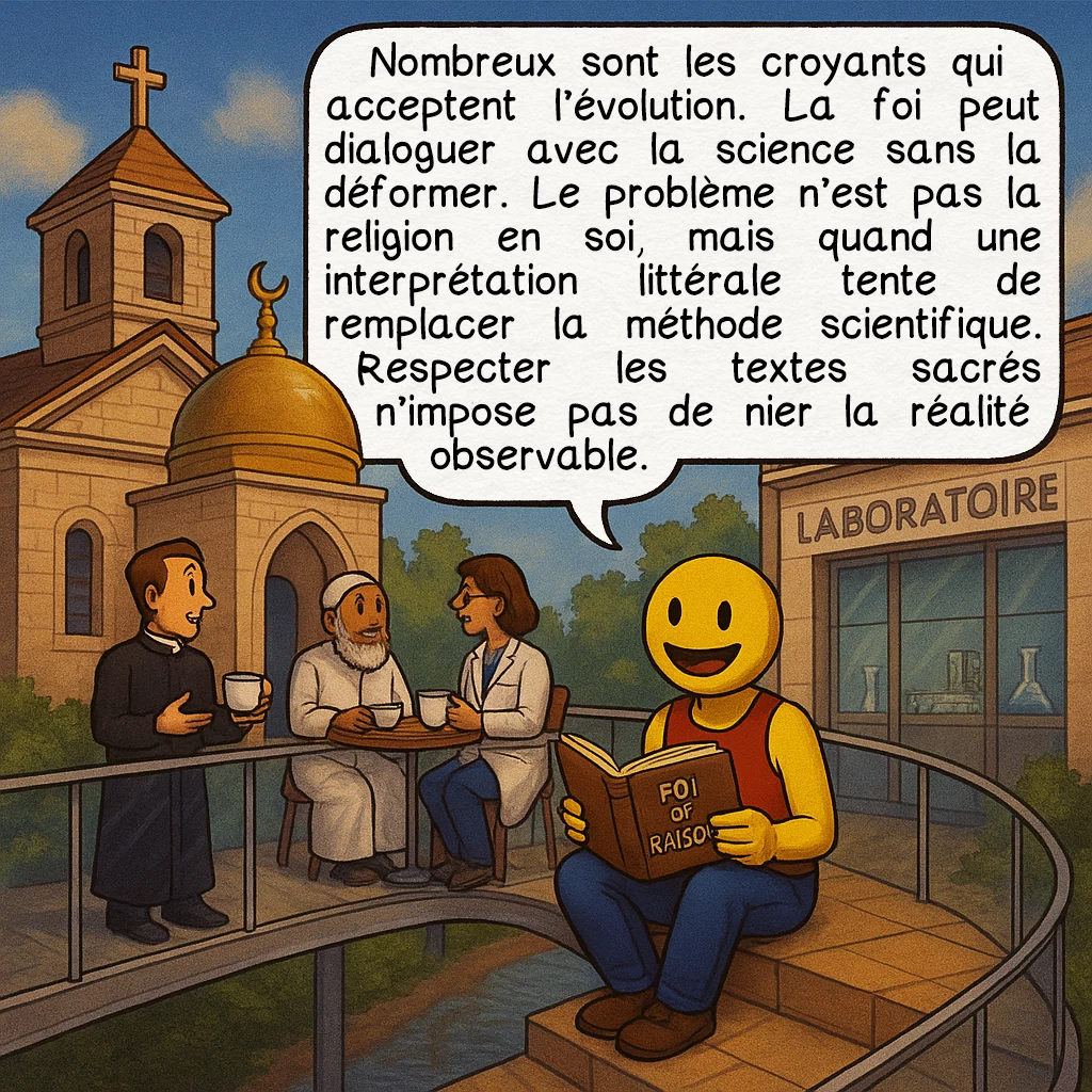 Le créationnisme, case 9 : — Peut-on concilier foi et science ?
Nombreux sont les croyants qui acceptent l’évolution. La foi peut dialoguer avec la science sans la déformer. Le problème n’est pas la religion en soi, mais quand une interprétation littérale tente de remplacer la méthode scientifique. Respecter les textes sacrés n’impose pas de nier la réalité observable.