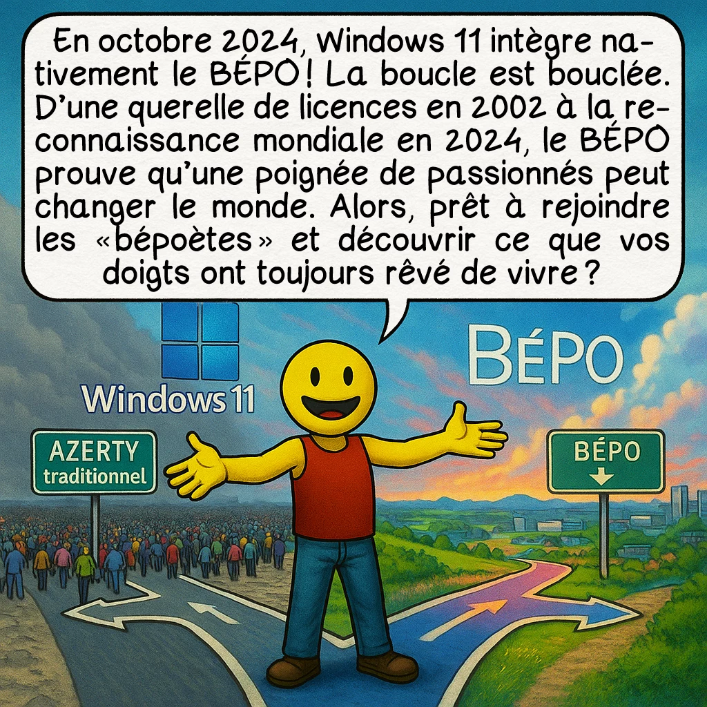 Le clavier BÉPO, case 10 : En octobre 2024, Windows 11 intègre nativement le BÉPO ! La boucle est bouclée. D’une querelle de licences en 2002 à la reconnaissance mondiale en 2024, le BÉPO prouve qu’une poignée de passionnés peut changer le monde. Alors, prêt à rejoindre les « bépoètes » et découvrir ce que vos doigts ont toujours rêvé de vivre ?