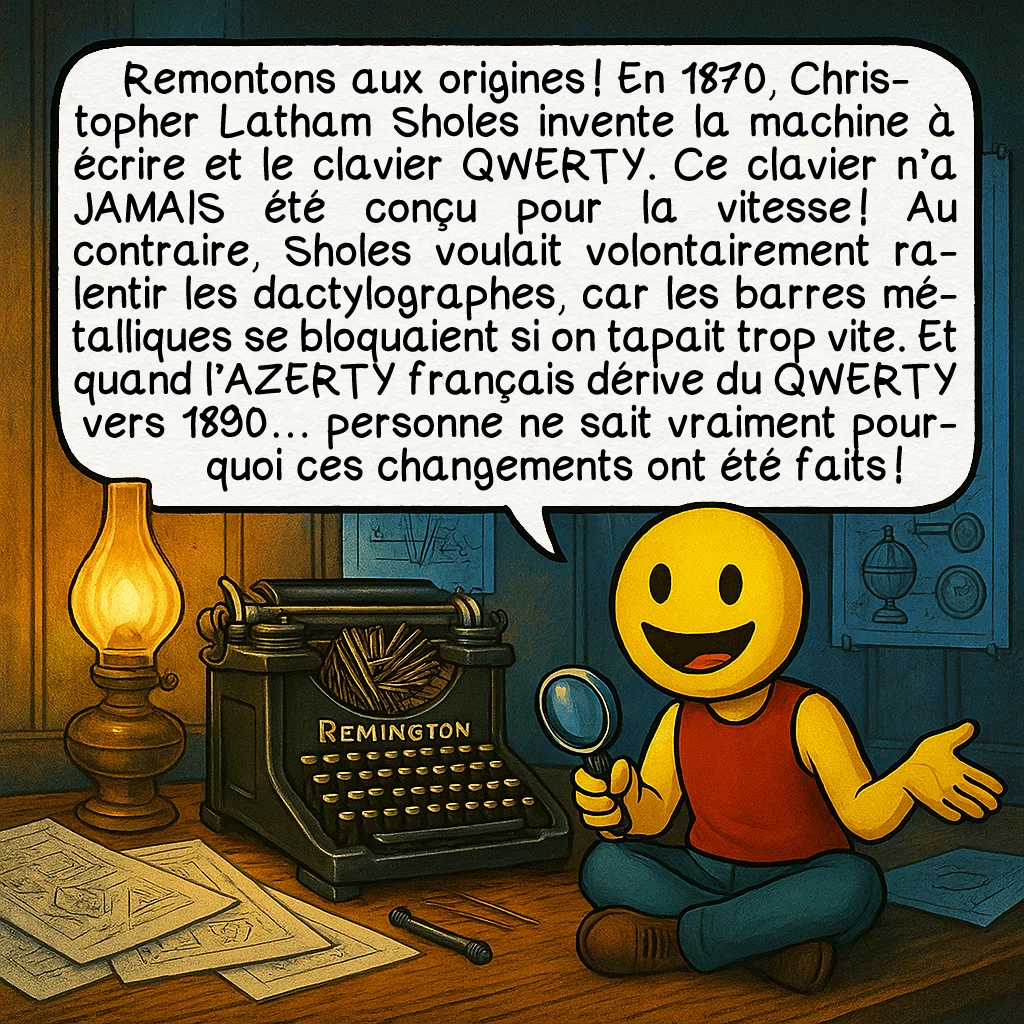 Le clavier BÉPO, case 2 : Remontons aux origines ! En 1870, Christopher Latham Sholes invente la machine à écrire et le clavier QWERTY. Ce clavier n’a JAMAIS été conçu pour la vitesse ! Au contraire, Sholes voulait volontairement ralentir les dactylographes, car les barres métalliques se bloquaient si on tapait trop vite. Et quand l’AZERTY français dérive du QWERTY vers 1890… personne ne sait vraiment pourquoi ces changements ont été faits !