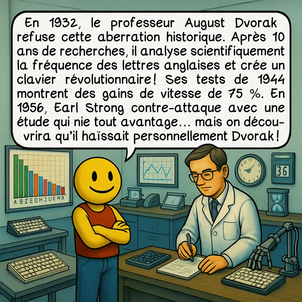 Le clavier BÉPO, case 3 : En 1932, le professeur August Dvorak refuse cette aberration historique. Après 10 ans de recherches, il analyse scientifiquement la fréquence des lettres anglaises et crée un clavier révolutionnaire ! Ses tests de 1944 montrent des gains de vitesse de 75 %. En 1956, Earl Strong contre-attaque avec une étude qui nie tout avantage… mais on découvrira qu’il haïssait personnellement Dvorak !