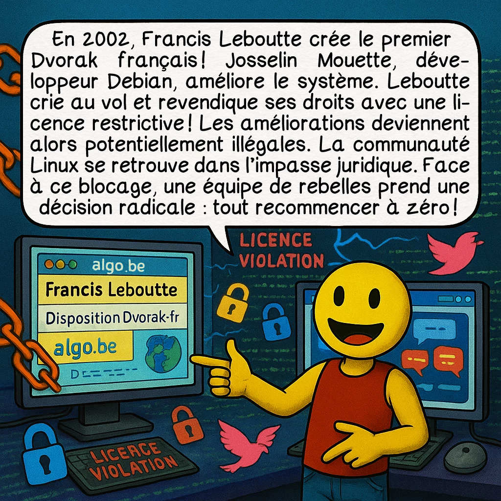 Le clavier BÉPO, case 4 : En 2002, Francis Leboutte crée le premier Dvorak français ! Josselin Mouette, développeur Debian, améliore le système. Leboutte crie au vol et revendique ses droits avec une licence restrictive ! Les améliorations deviennent alors potentiellement illégales. La communauté Linux se retrouve dans l’impasse juridique. Face à ce blocage, une équipe de rebelles prend une décision radicale : tout recommencer à zéro !