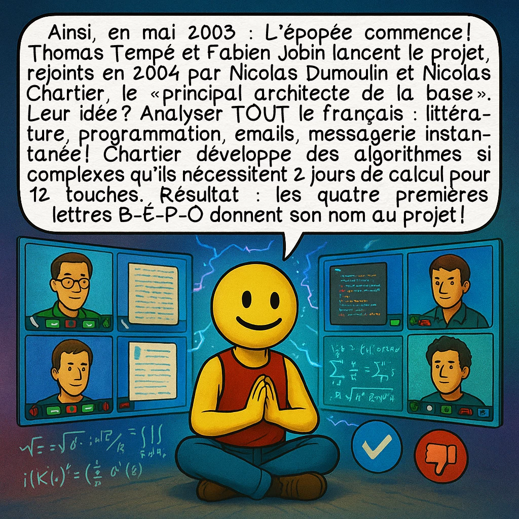 Le clavier BÉPO, case 5 : Ainsi, en mai 2003 : L’épopée commence ! Thomas Tempé et Fabien Jobin lancent le projet, rejoints en 2004 par Nicolas Dumoulin et Nicolas Chartier, le « principal architecte de la base ». Leur idée ? Analyser TOUT le français : littérature, programmation, emails, messagerie instantanée ! Chartier développe des algorithmes si complexes qu’ils nécessitent 2 jours de calcul pour 12 touches. Résultat : les quatre premières lettres B-É-P-O donnent son nom au projet !