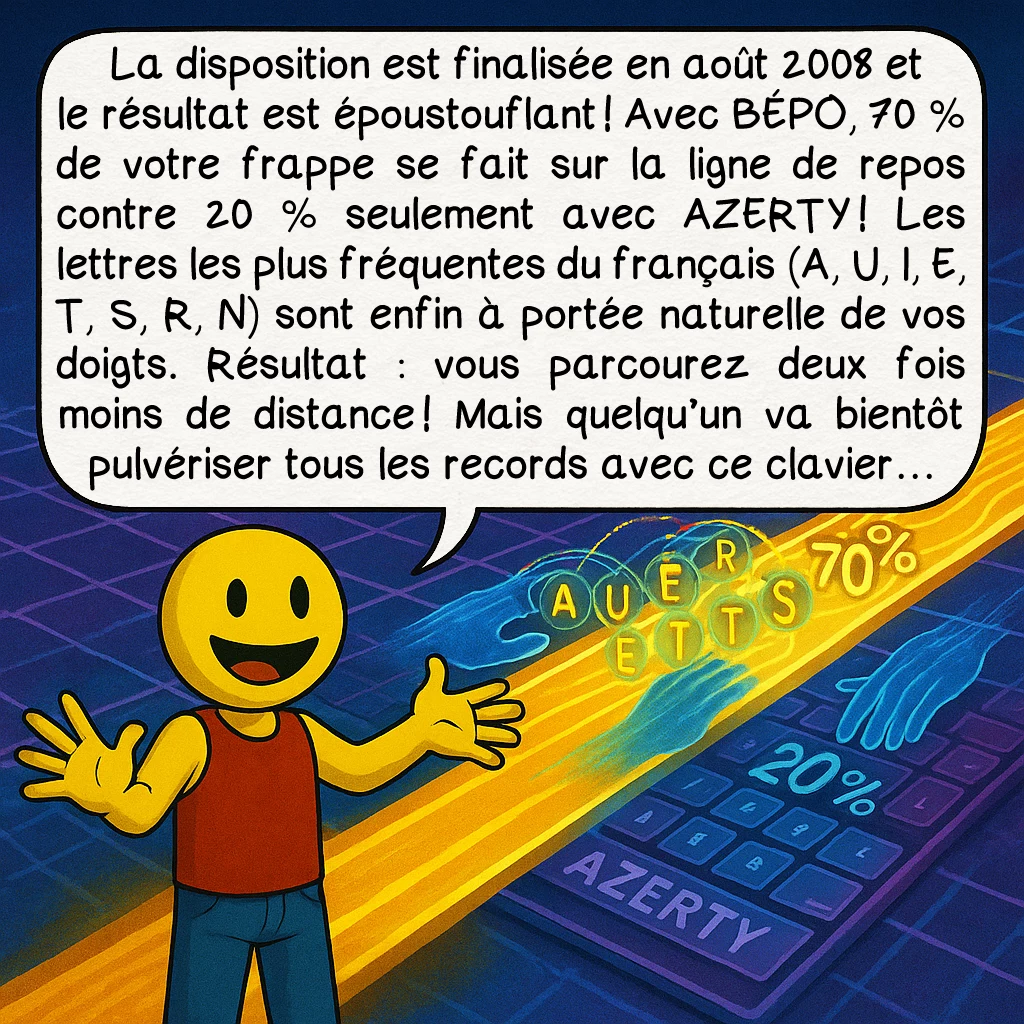 Le clavier BÉPO, case 6 : La disposition est finalisée en août 2008 et le résultat est époustouflant ! Avec BÉPO, 70 % de votre frappe se fait sur la ligne de repos contre 20 % seulement avec AZERTY ! Les lettres les plus fréquentes du français (A, U, I, E, T, S, R, N) sont enfin à portée naturelle de vos doigts. Résultat : vous parcourez deux fois moins de distance ! Mais quelqu’un va bientôt pulvériser tous les records avec ce clavier…