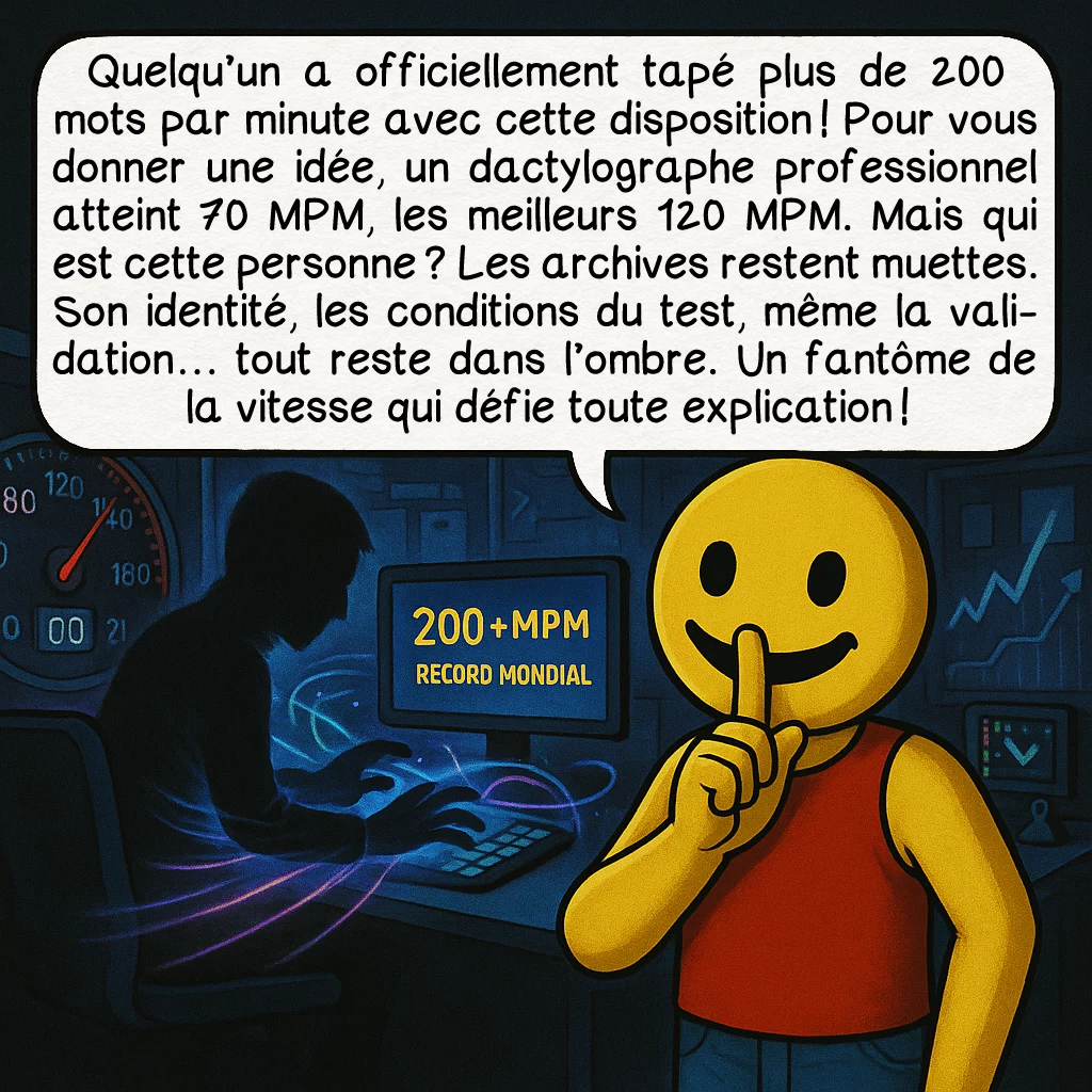 Le clavier BÉPO, case 7 : Quelqu’un a officiellement tapé plus de 200 mots par minute avec cette disposition ! Pour vous donner une idée, un dactylographe professionnel atteint 70 MPM, les meilleurs 120 MPM. Mais qui est cette personne ? Les archives restent muettes. Son identité, les conditions du test, même la validation… tout reste dans l’ombre. Un fantôme de la vitesse qui défie toute explication !