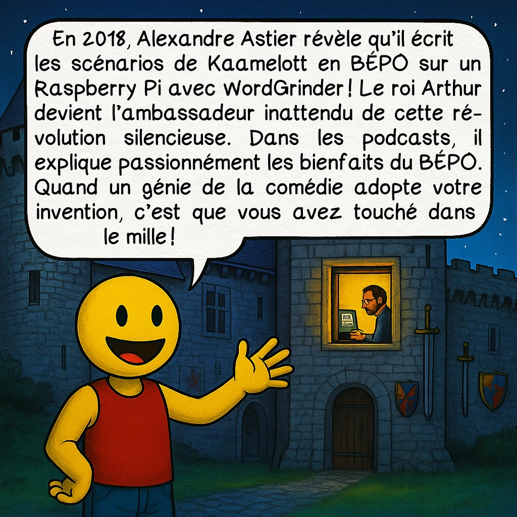 Le clavier BÉPO, case 8 : En 2018, Alexandre Astier révèle qu’il écrit les scénarios de Kaamelott en BÉPO sur un Raspberry Pi avec WordGrinder ! Le roi Arthur devient l’ambassadeur inattendu de cette révolution silencieuse. Dans les podcasts, il explique passionnément les bienfaits du BÉPO. Quand un génie de la comédie adopte votre invention, c’est que vous avez touché dans le mille !