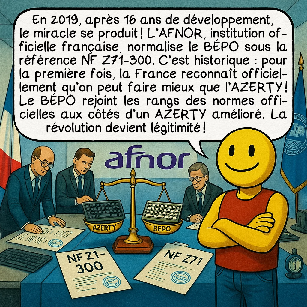 Le clavier BÉPO, case 9 : En 2019, après 16 ans de développement, le miracle se produit ! L’AFNOR, institution officielle française, normalise le BÉPO sous la référence NF Z71-300. C’est historique : pour la première fois, la France reconnaît officiellement qu’on peut faire mieux que l’AZERTY ! Le BÉPO rejoint les rangs des normes officielles aux côtés d’un AZERTY amélioré. La révolution devient légitimité !