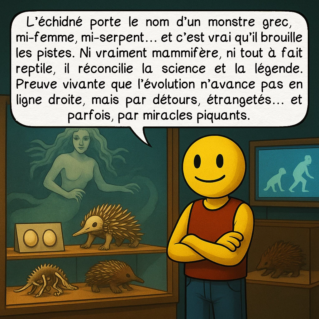 L’échidné, case 10 : — Une énigme évolutive
L’échidné porte le nom d’un monstre grec, mi-femme, mi-serpent… et c’est vrai qu’il brouille les pistes. Ni vraiment mammifère, ni tout à fait reptile, il réconcilie la science et la légende. Preuve vivante que l’évolution n’avance pas en ligne droite, mais par détours, étrangetés… et parfois, par miracles piquants.